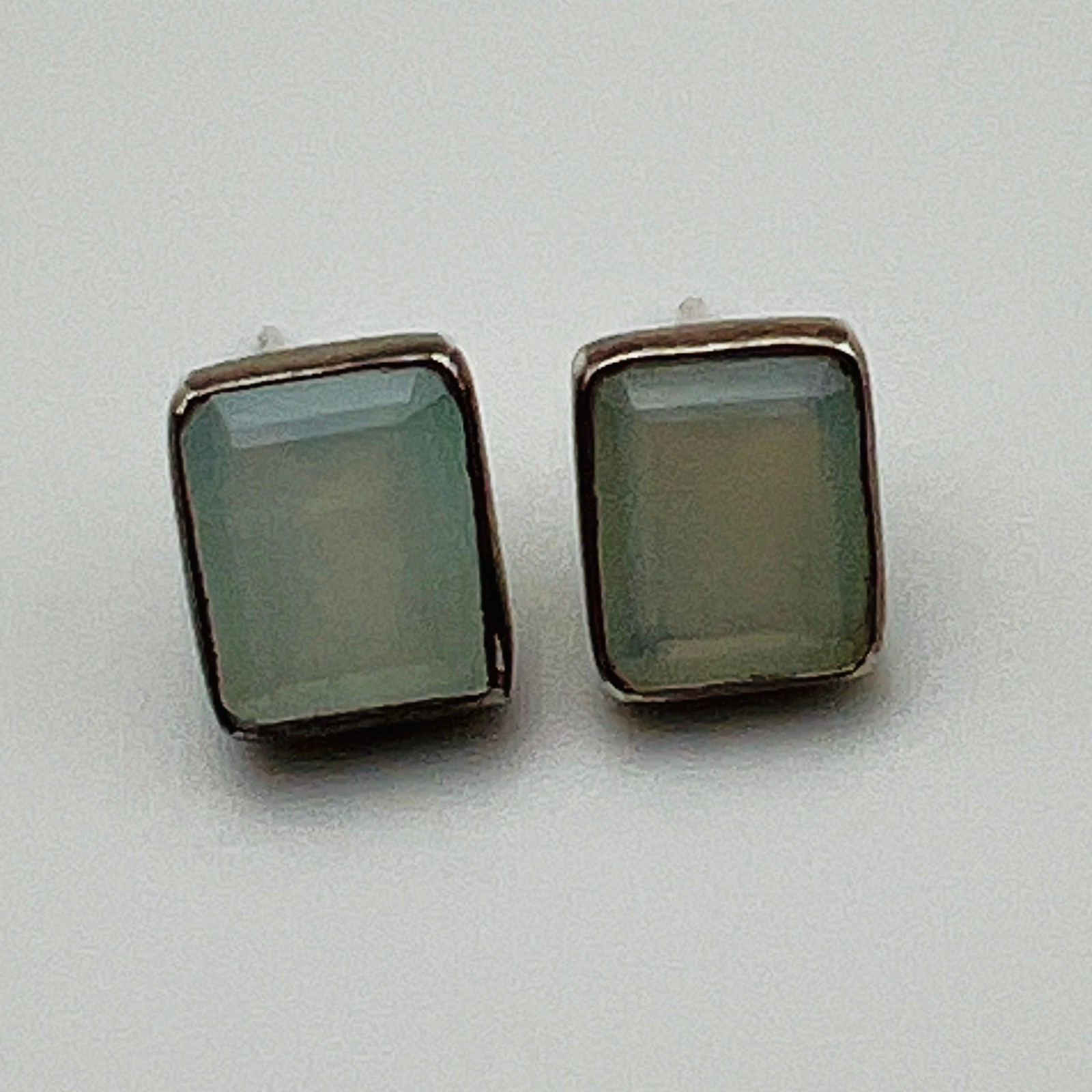 Silver Tone Stud Earrings Rectangle Blue Glass Modern Minimal Jewelry