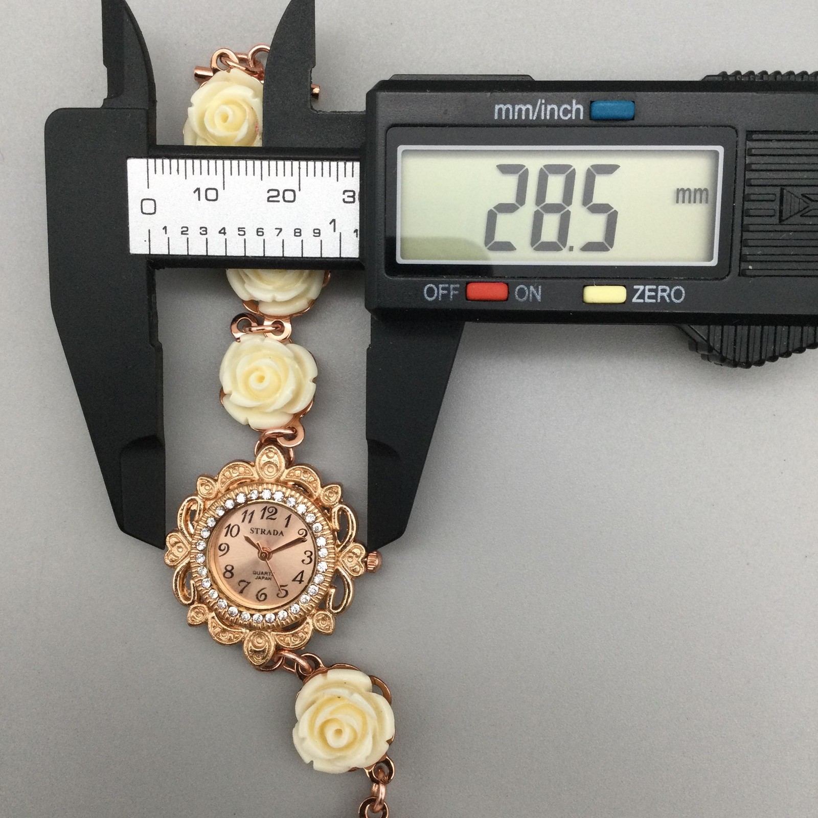 Strada Women Watch 29mm Rose Gold Dial Cream Rose Flower Bracelet New Battery 8″