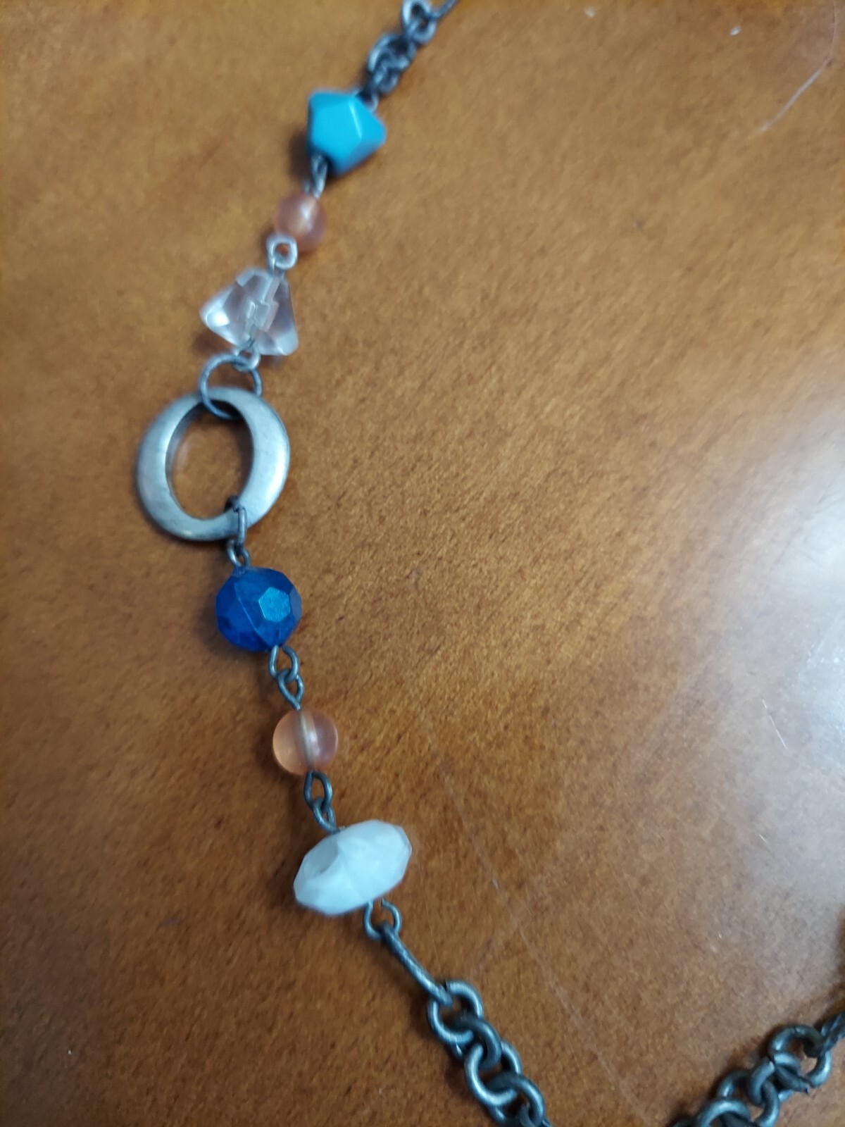 Chico’s Necklace Blue, White, Peach and Clear Beads With Colorful Round Pendant