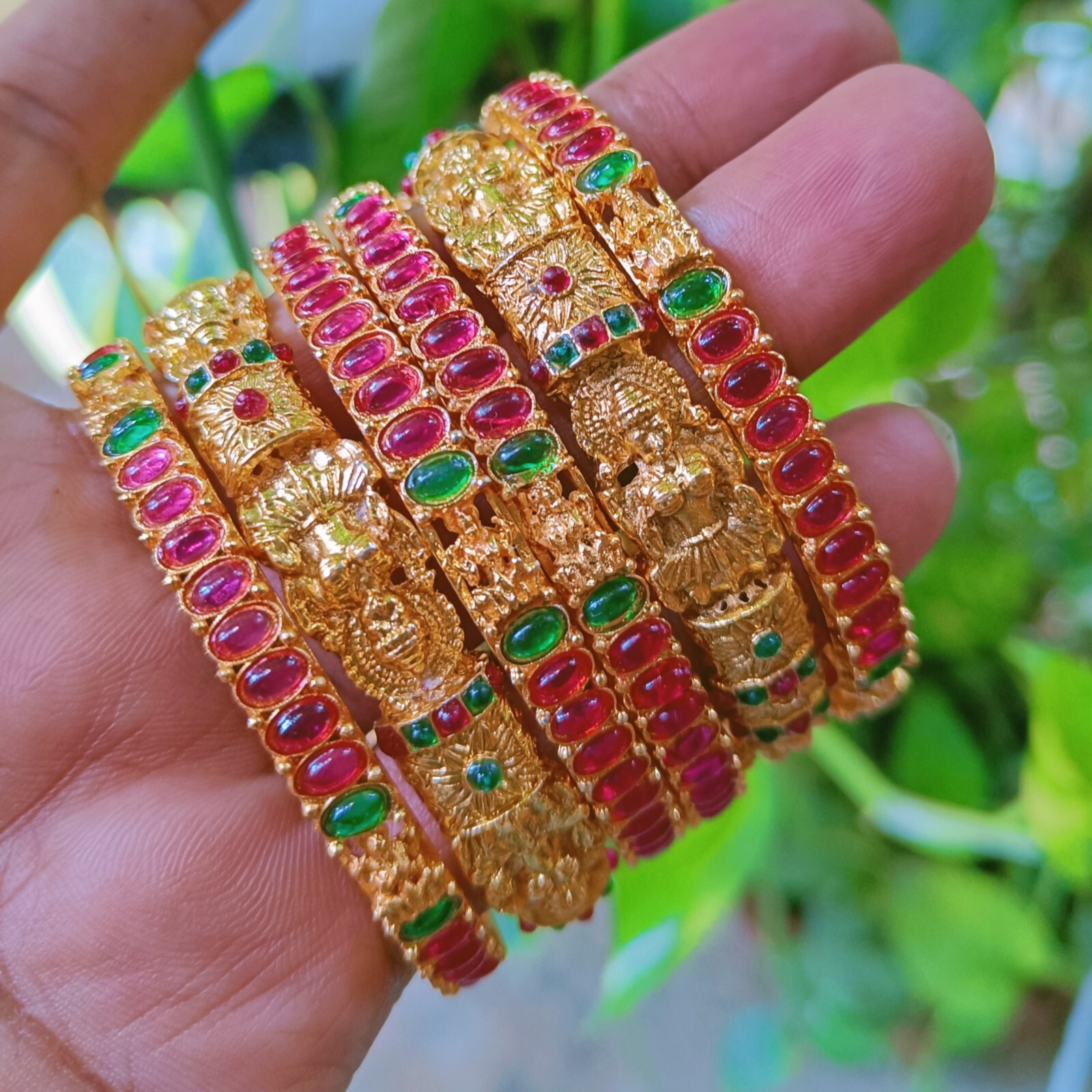 GOLD PLATED 6 PCS KEMPU BANGLES SET TRADITIONAL BOLLYWOOD INDIAN TEMPLE JEWELRY
