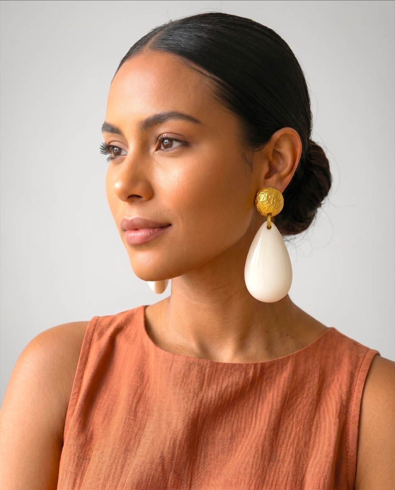 White Resin Teardrop Earrings Gold Stud Statement Drop Dangle Wedding Party Chic