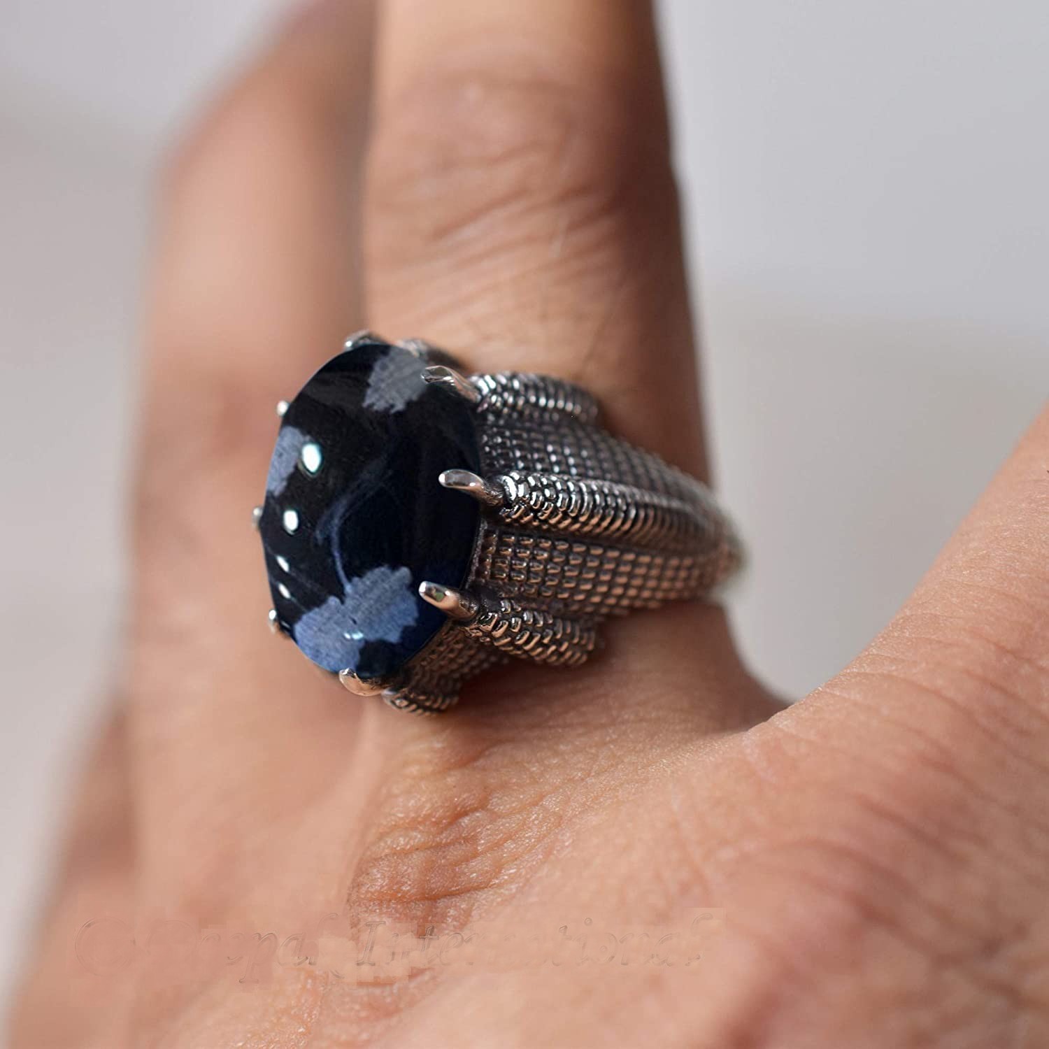 Solid 925 Sterling Silver AA Snowflake Obsidian Oval Gemstone Men’s Unisex Ring
