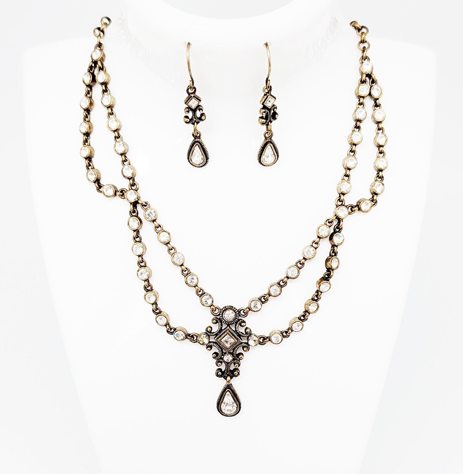 DESIGNER INSPIRED 19 in CLEAR CRYSTAL VICTORIAN DROP BRONZE TONE JEWELRY SET NEW