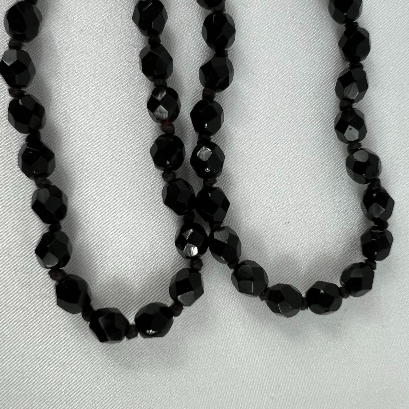 Jet Black Glass Crystals w Spacers Flapper VTG Necklace Strung on Chain 34in