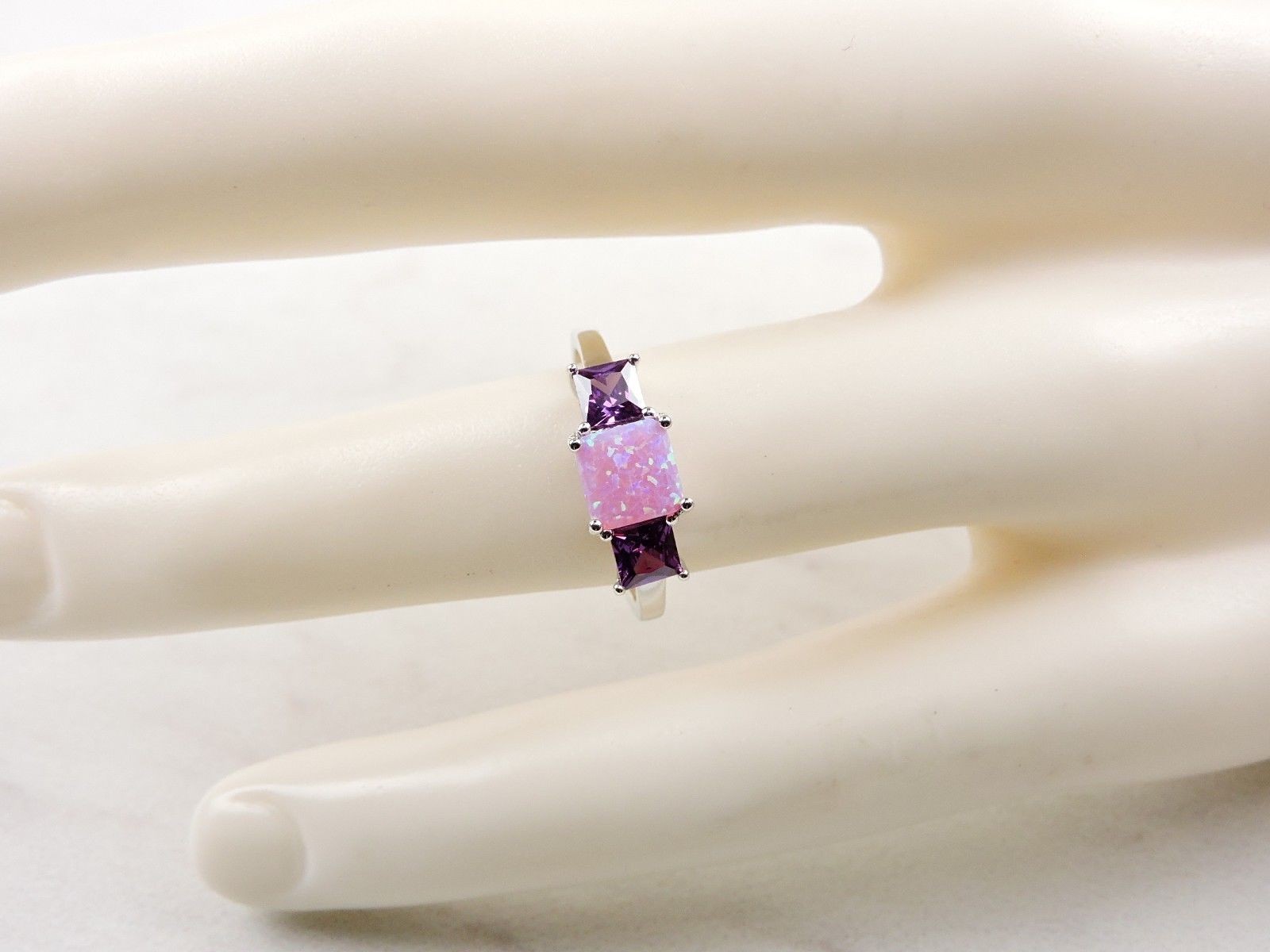 Sterling Silver 2.25 cttw Pink Opal And Purple Cubic Zirconia 3 Stone Ring
