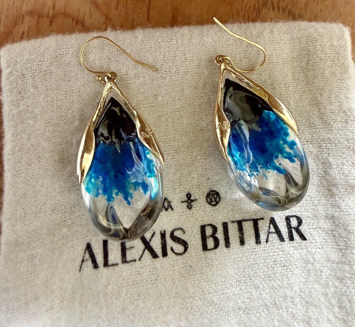 100% Authentic Alexis Bittar Clear, Gold, Black & Blue Lucite Earrings