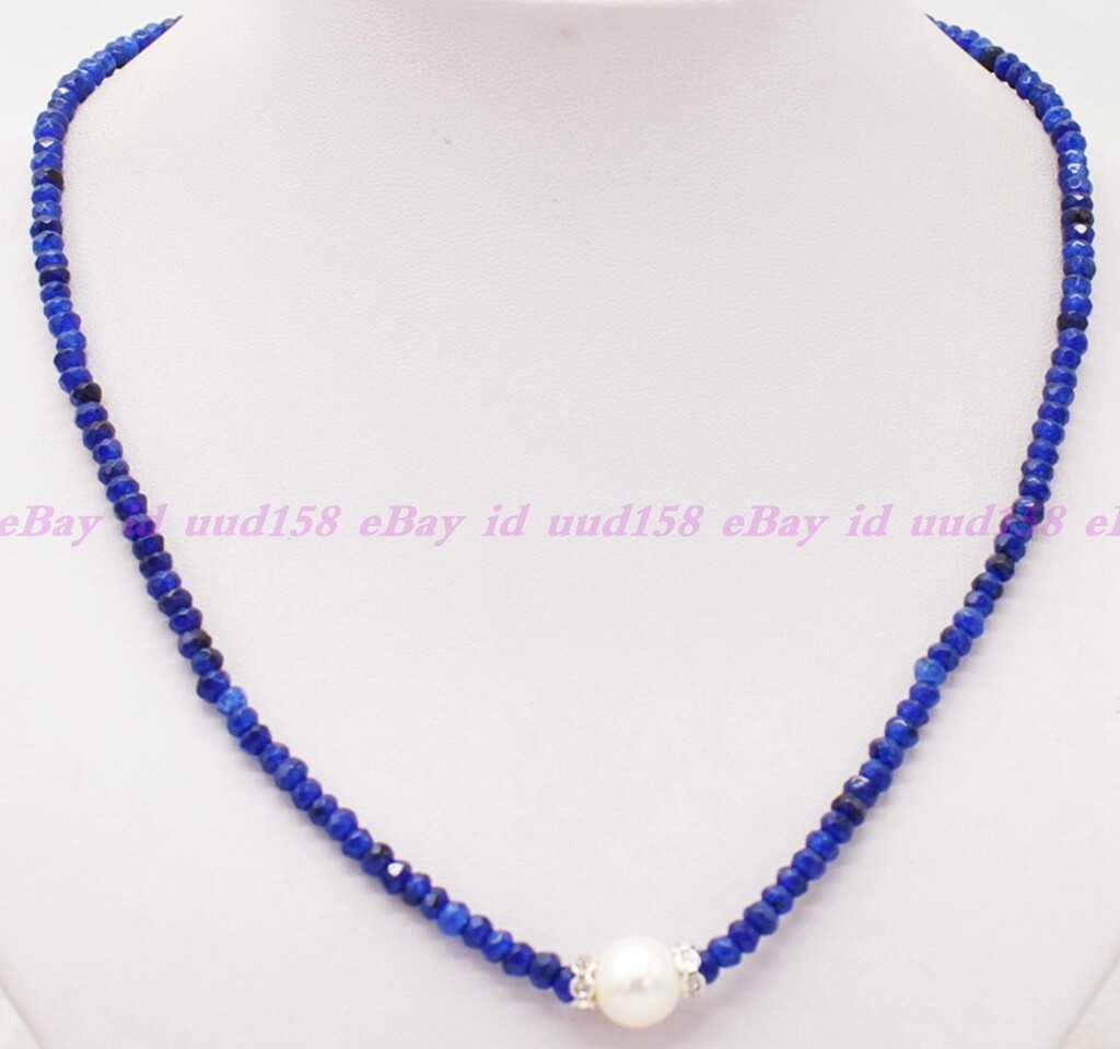 Natural Faceted 2x4mm Blue Jade Roundelle Gems White Pearl Necklace 16-28” AAA
