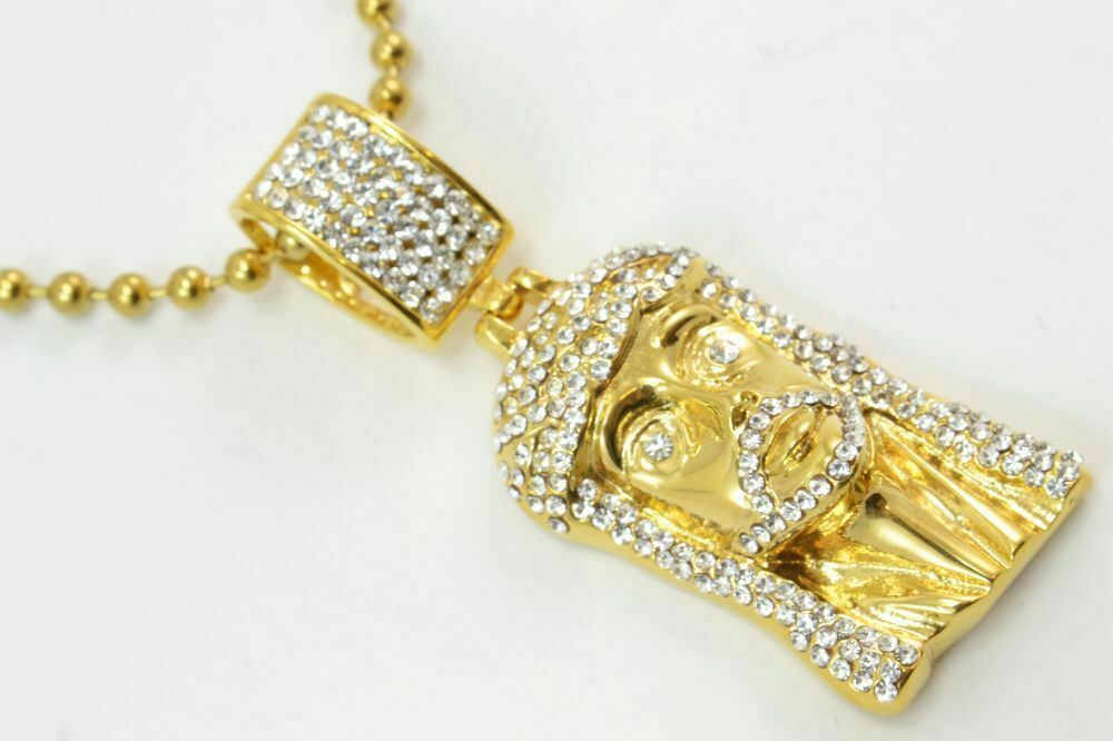 14k Gold Finish Mini Jesus Sterling Simulated Diamond Pendent Charm