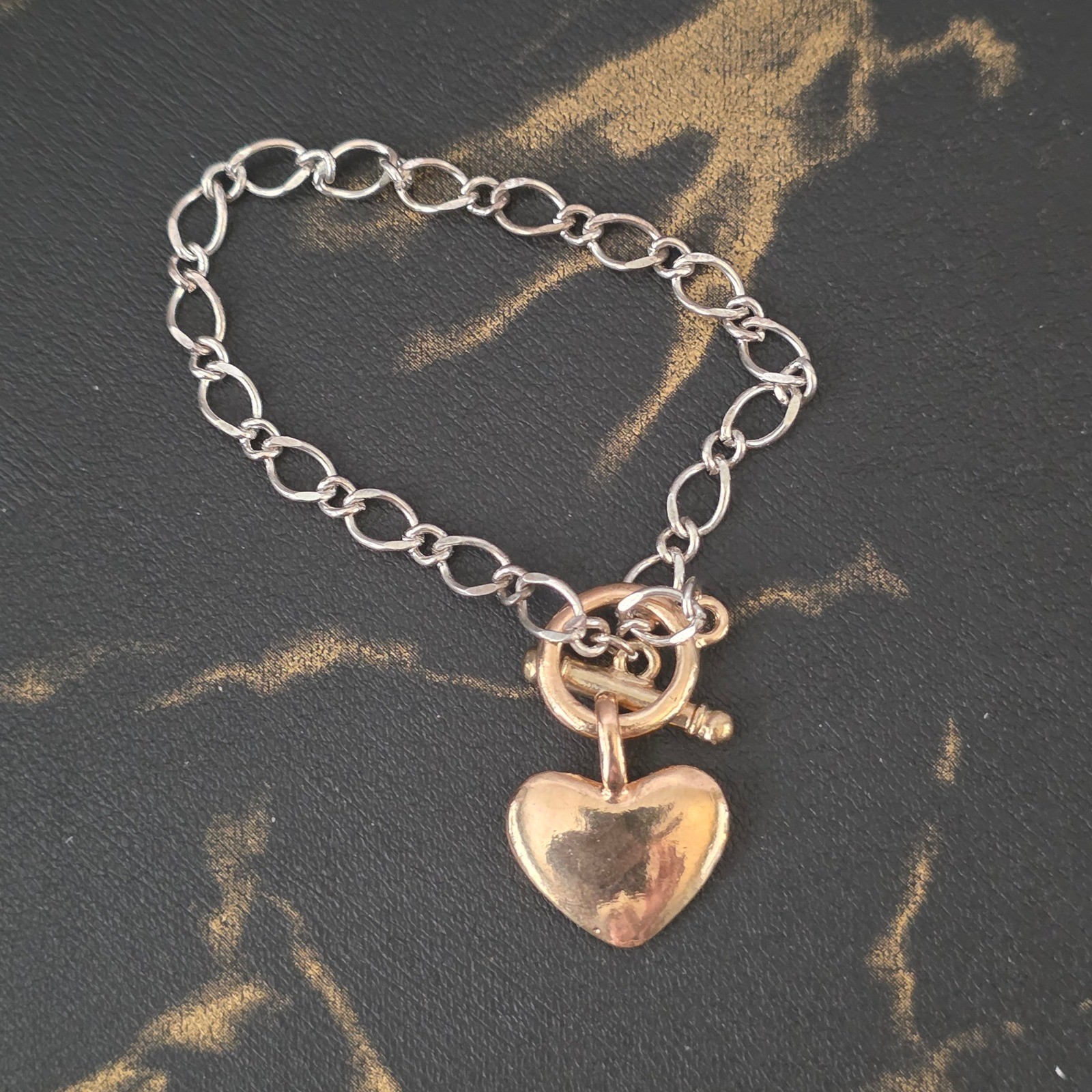 Rose Gold Heart Charm Bracelet Sliver Tone Link Chain Toggle Clasp Mixed Metal