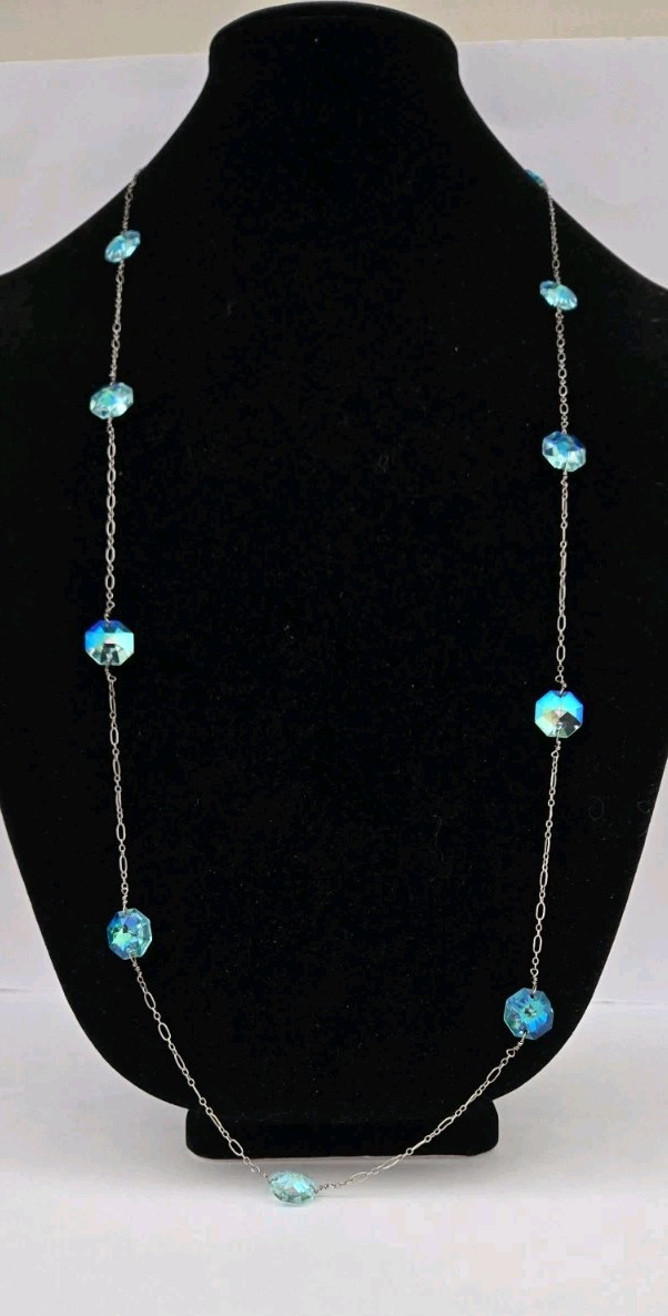 Vintage 925 Starling Silver Blue Crystal 41″ Long Station Necklace