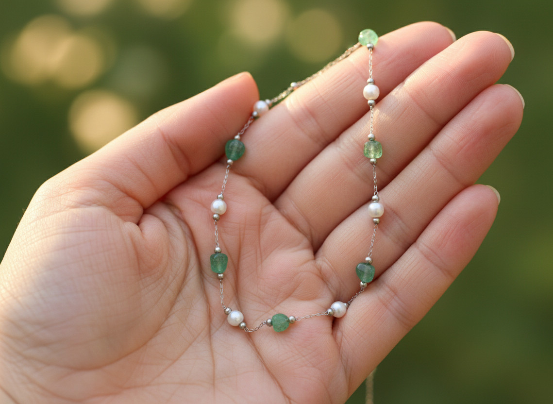 Boho Silver Tone Chain Bracelet With Natural Green Emerald Stones and Elegant