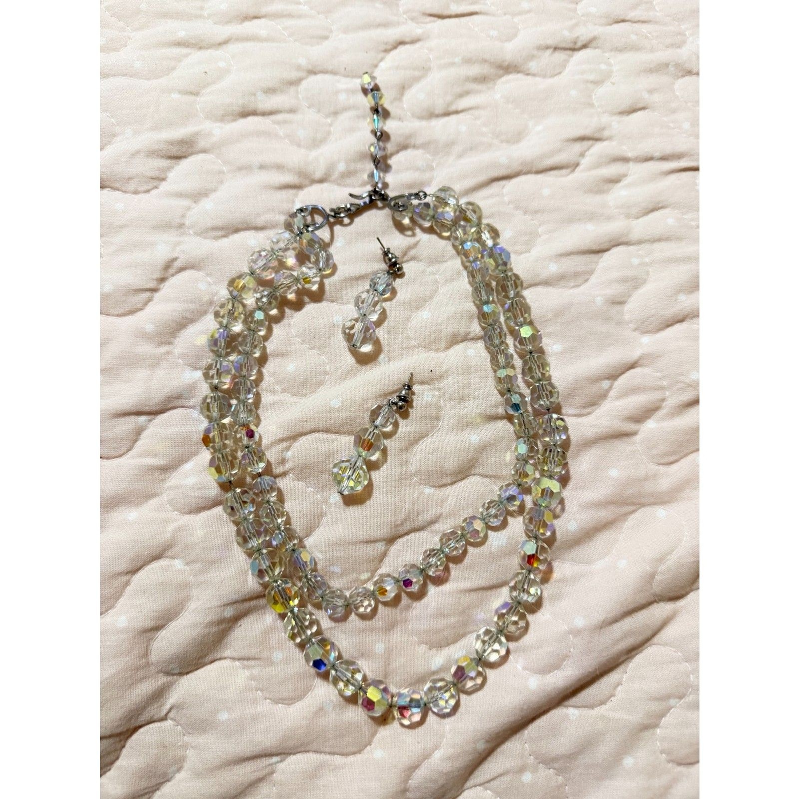 Vintage Double Strand Lead Crystal AB Necklace & Dangle Earrings Set Bridal 87g