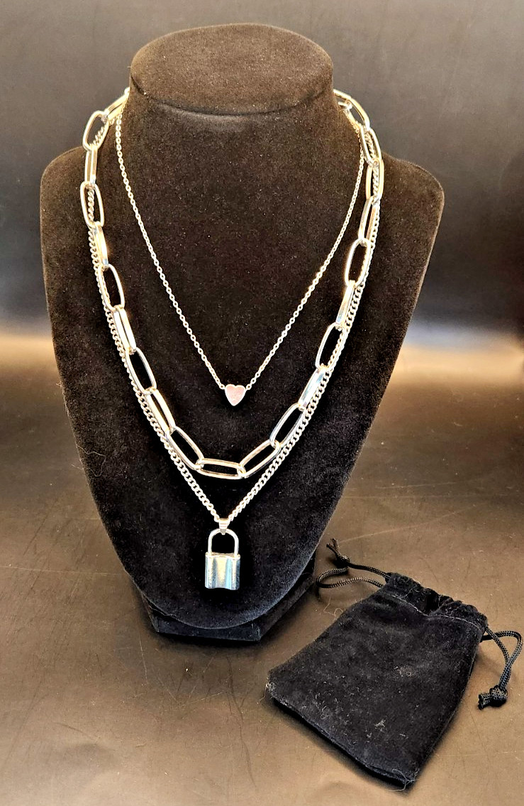 Paperclip Flat Chain Silver Necklace w/Three Chains & Heart /Lock Pendants 18″