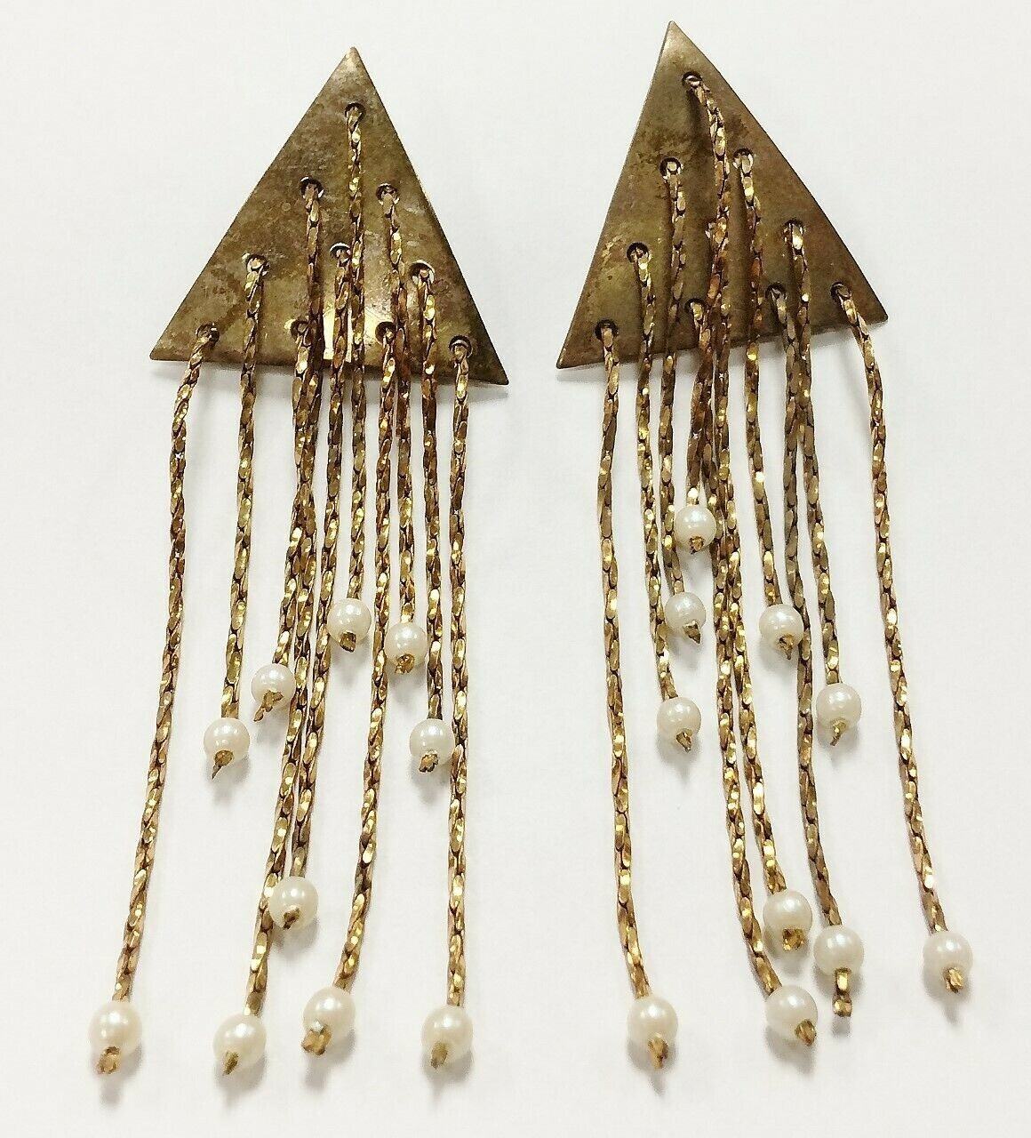 4 PIECES VINTAGE BRASS TRIANGLE MULTICHAIN PEARL TASSEL 3″ DANGLE EARRINGS D233