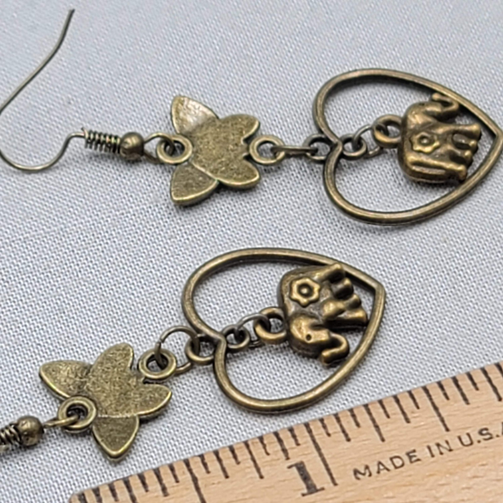 Butterfly Heart Elephant Pierced Earrings Bronze tone Dangle