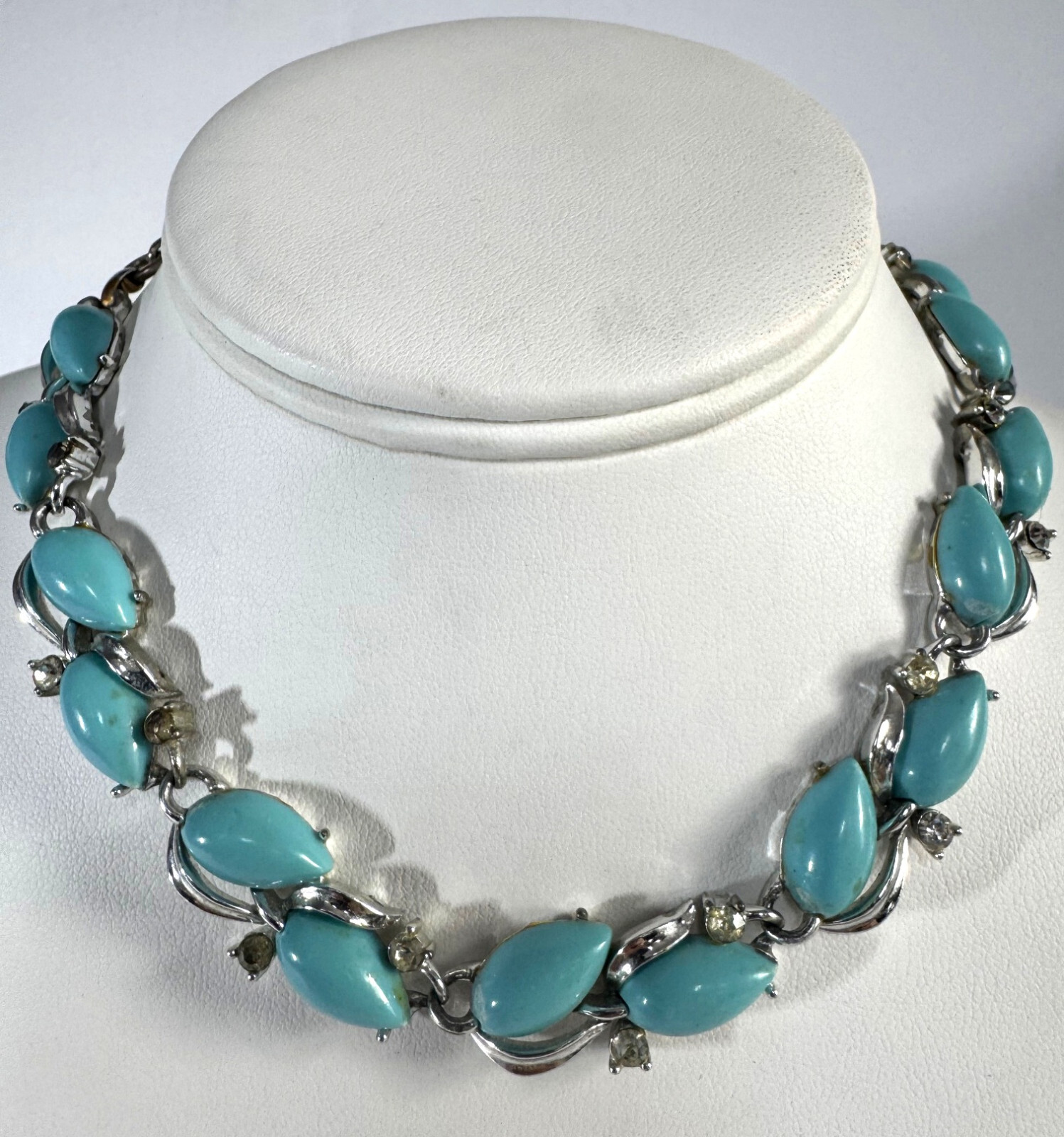 Vintage Blue stone (unknown) With small CZ on silver Necklace