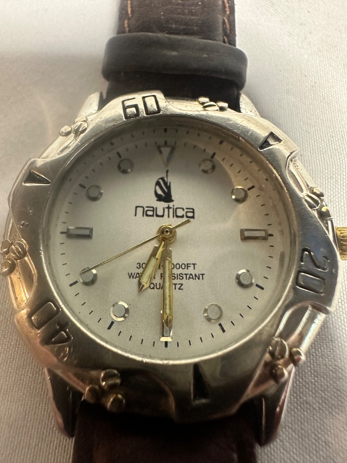 Vintage 90s Nautica 300m 1000FT Quartz Dive Watch Silver Tone Original Strap