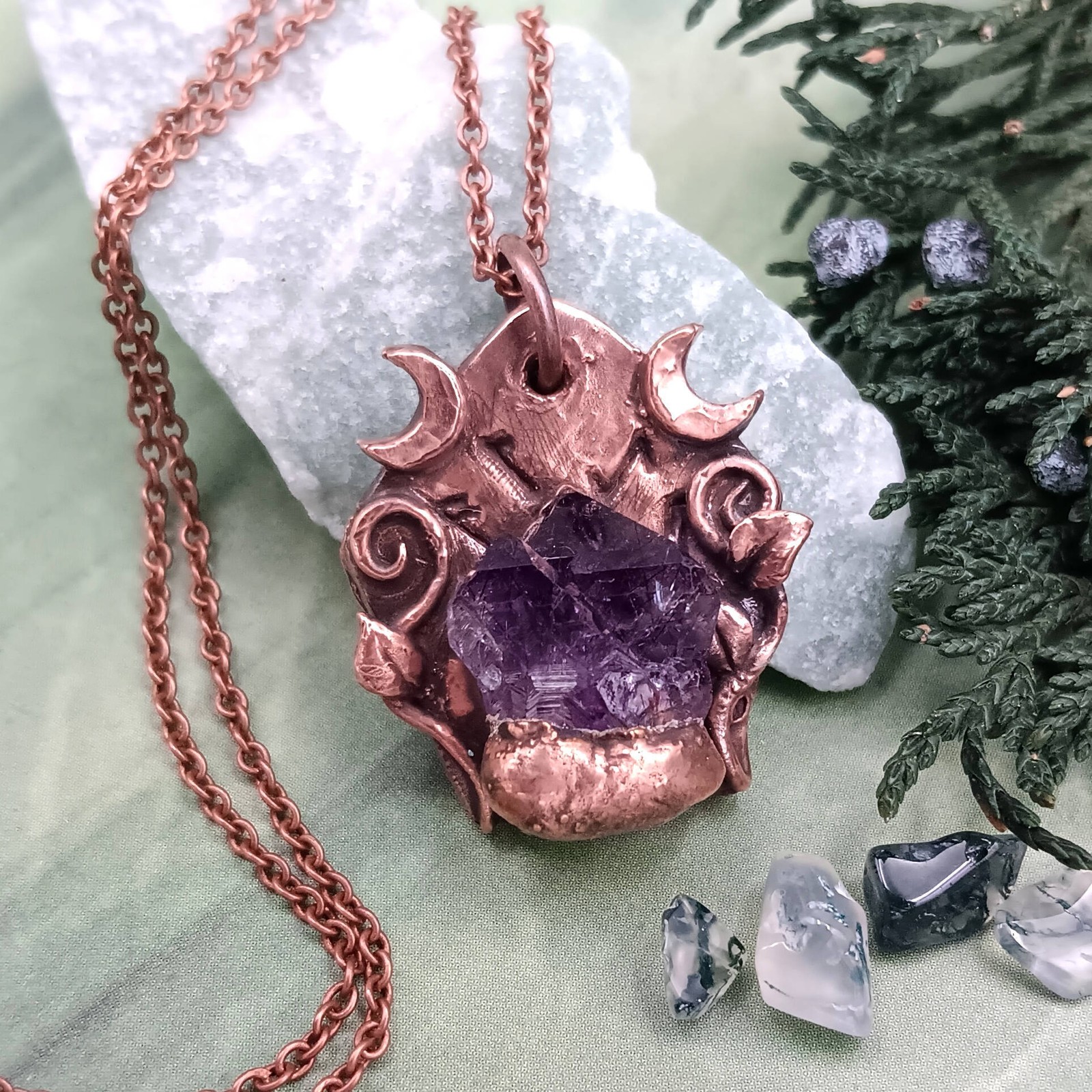 Raw Amethyst Crystal Rune Copper Pendant ONLY – No Chain – Electroformed