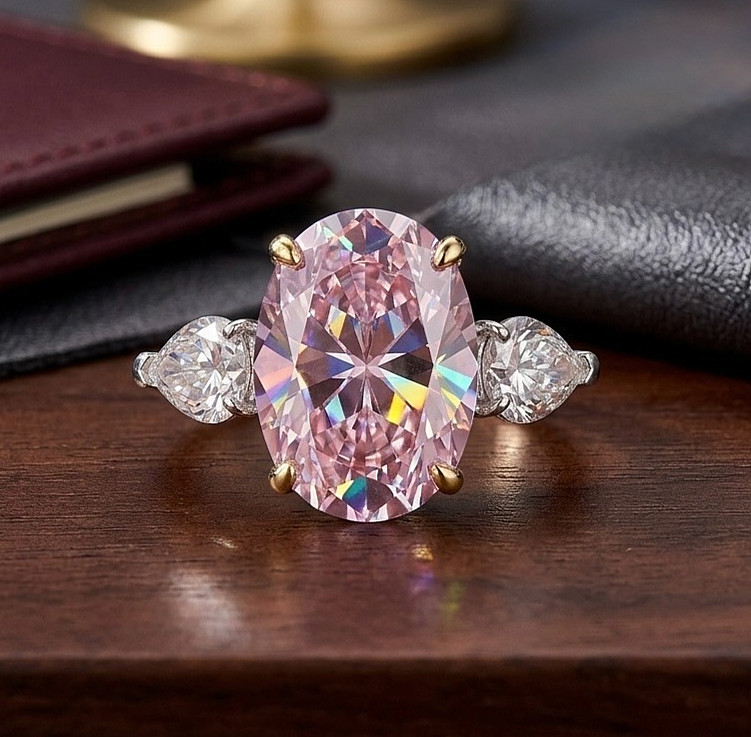 925 Silver, Pink & White Diamond Ring, 10 Ct Certified Treated, Great Sparkle