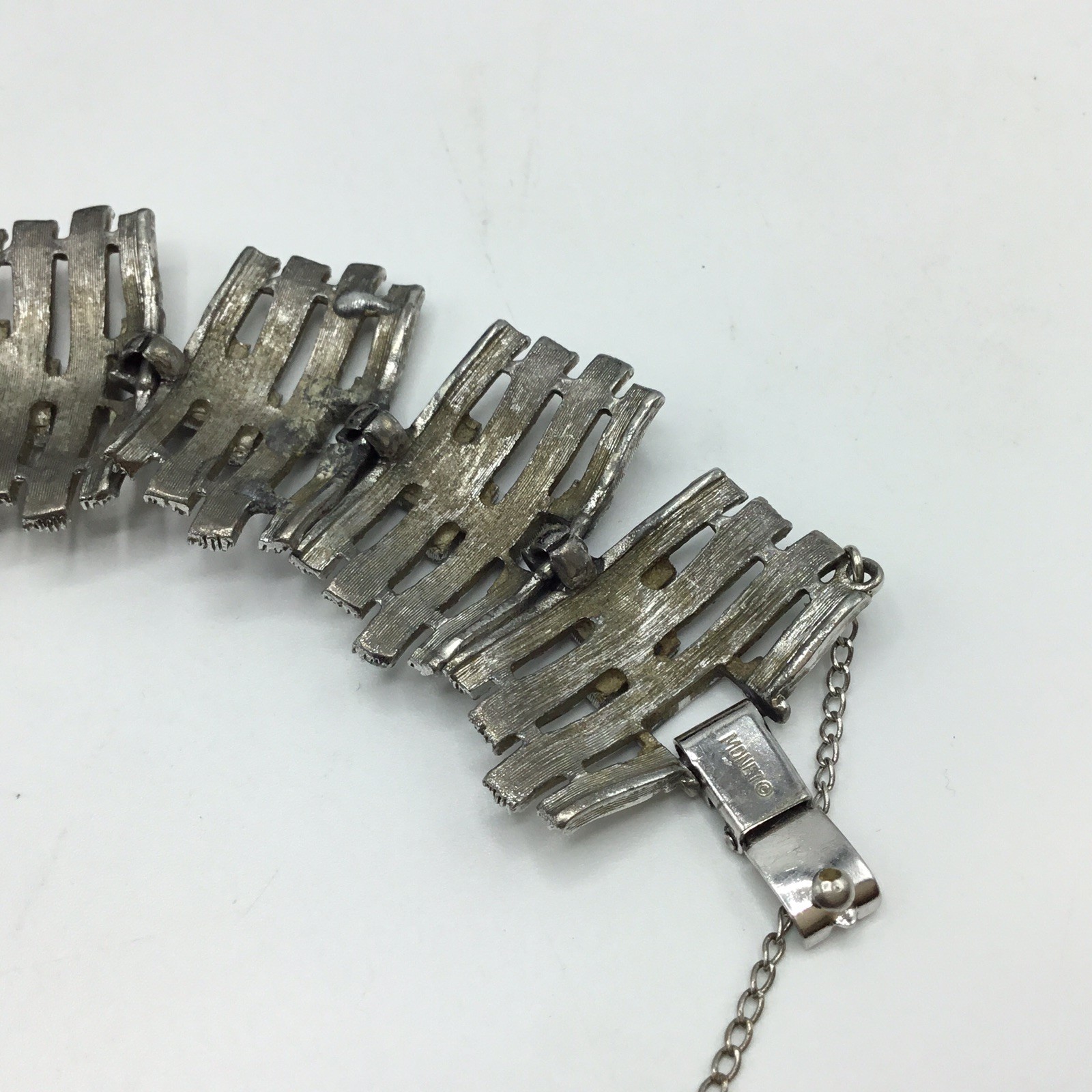 Vintage Monet Silver Tone Brutalist Bracelet with Safety Chain