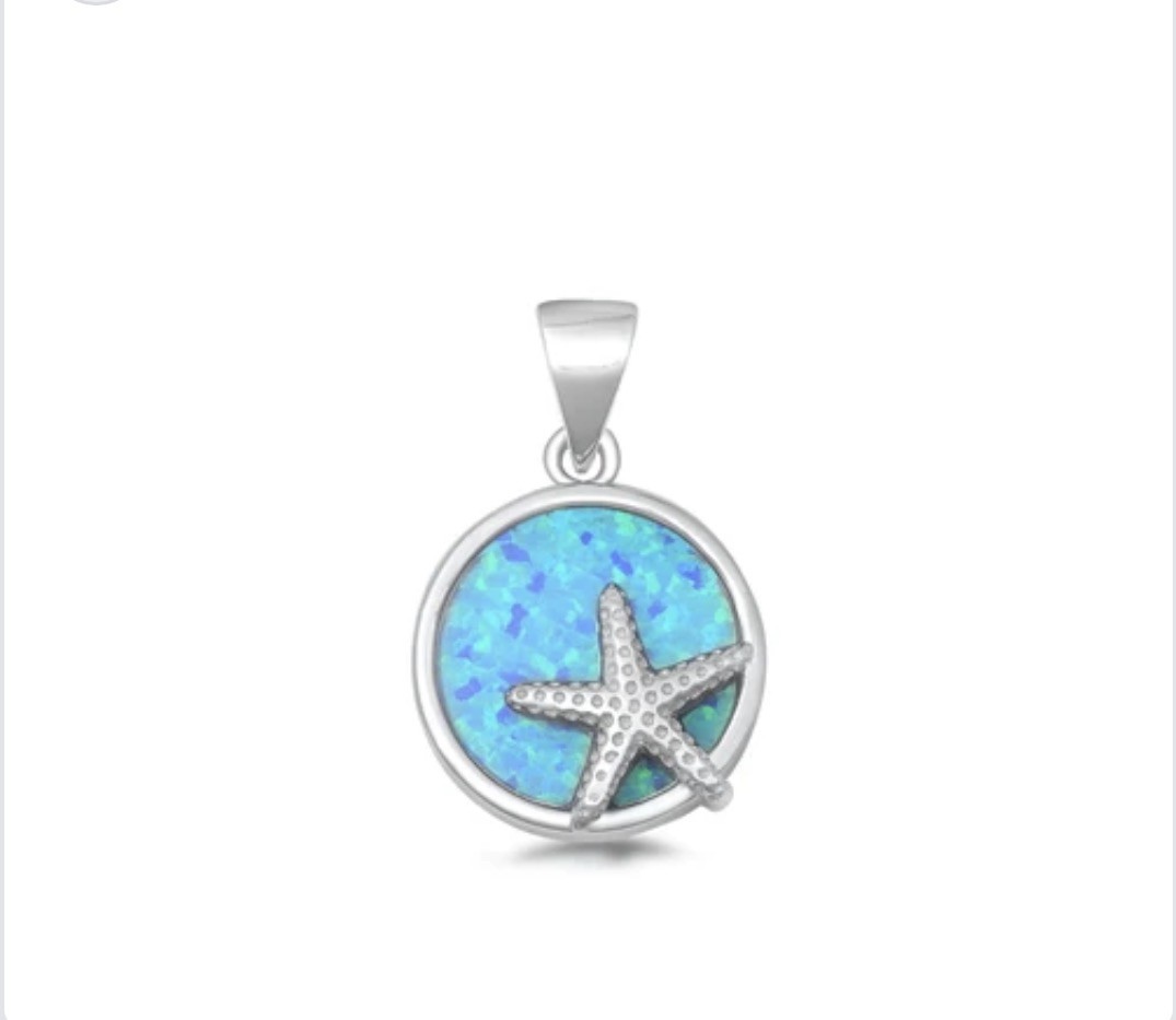 Sterling Silver Blue Lab Opal Star Fish Pendant &Necklace 18”FaceHeight:15 mm 💙