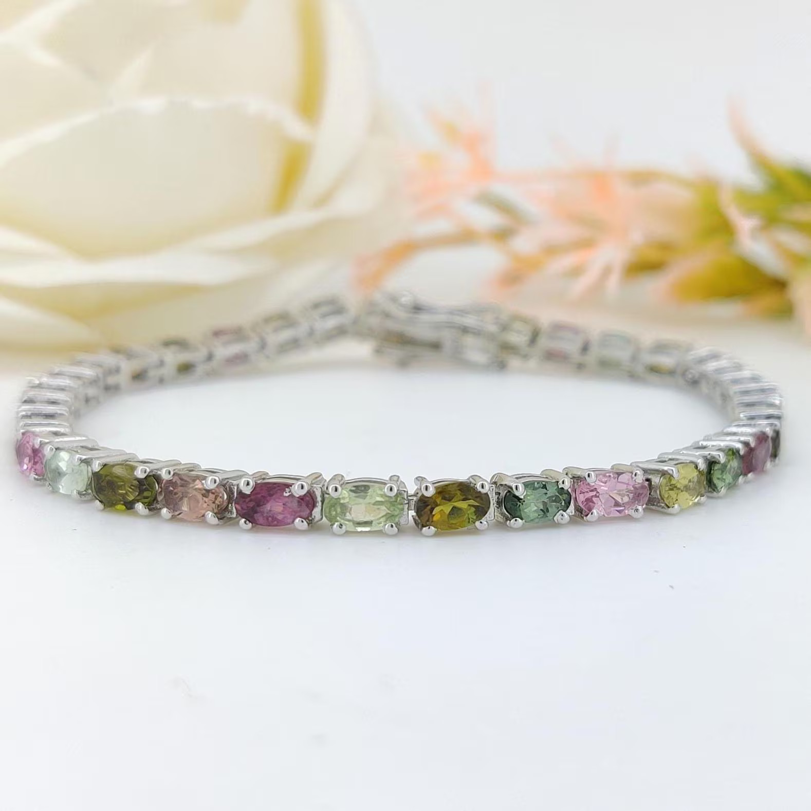 Natural Multi Tourmaline Tennis Bracelet Sterling Silver Jewelry gift for wife