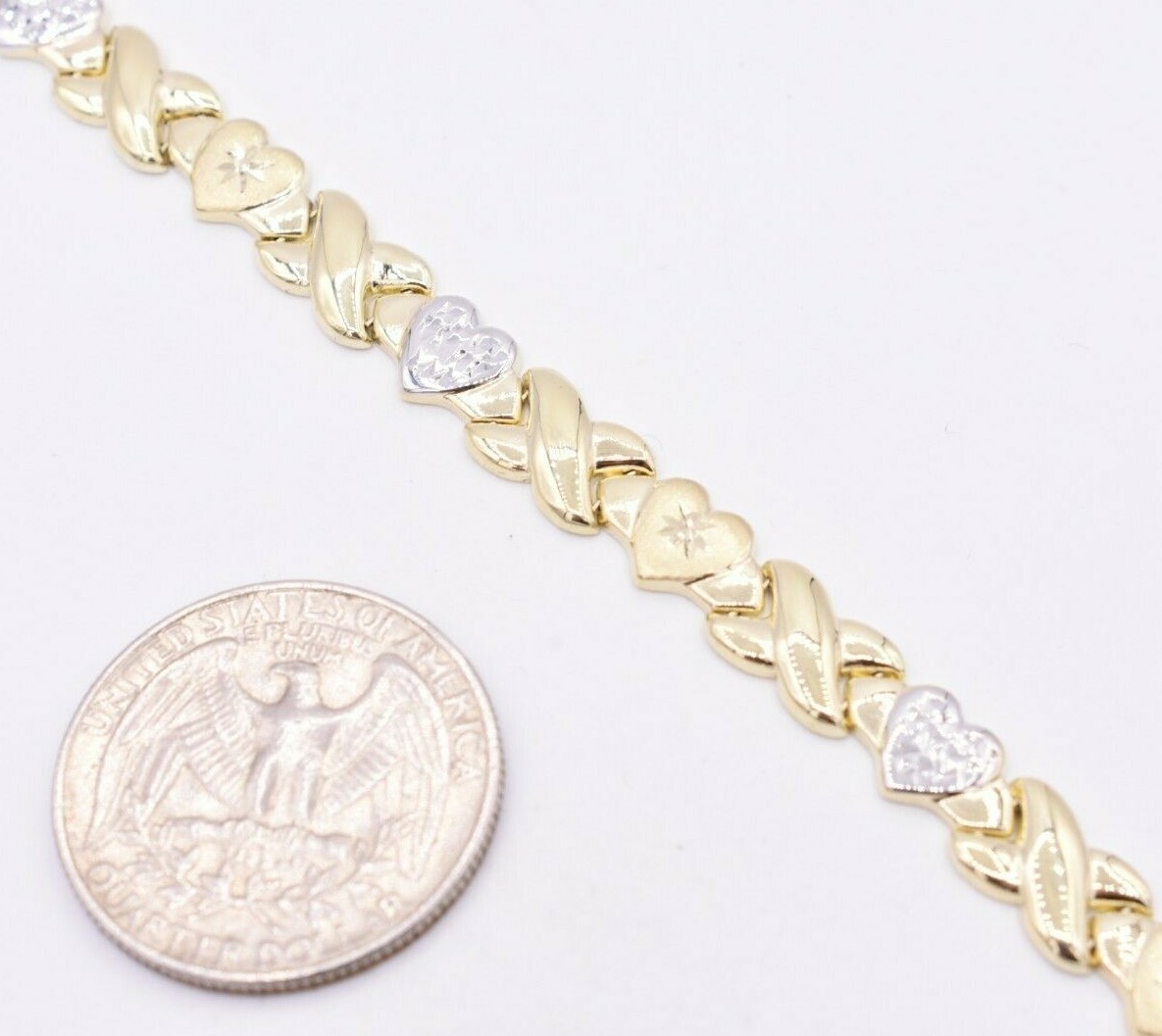 7.25″ Diamond Cut Hearts and Kisses Stampato Bracelet Real 10K Yellow White Gold