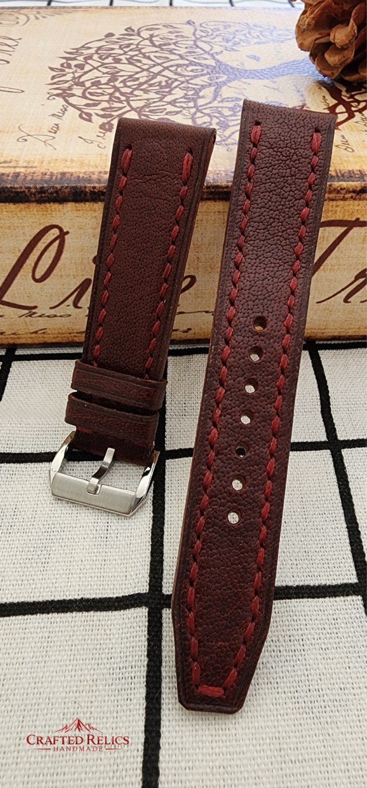 20mm Handmade Burgundy Italian Waxed Leather Watch Strap Red Stitch 20-18