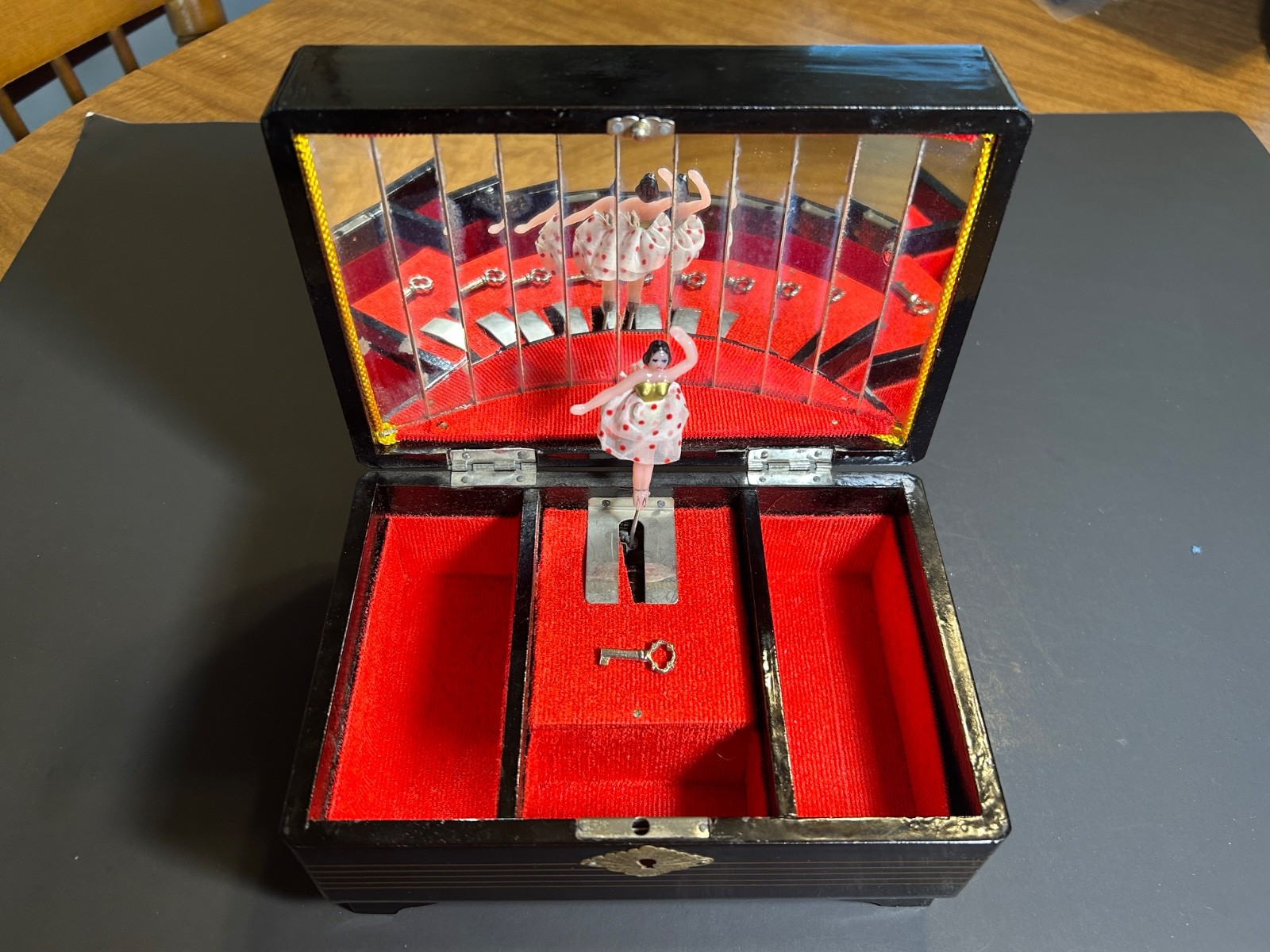 Vintage Music Jewelry Box Spinning Ballerina Mirrored Interior Lock & Key Works