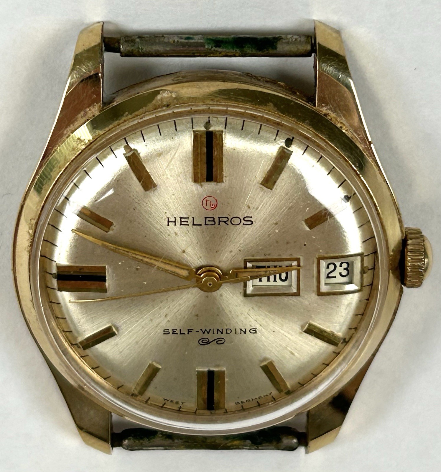 Vintage Helbros Self-Winding Watch Day Date West Germany 17 Jewels RUNNING
