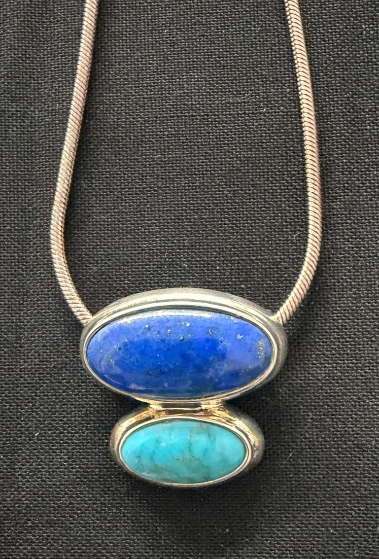 VTG Sterling Silver Royal Blue/Turquoise Pendant Necklace 16” Thailand