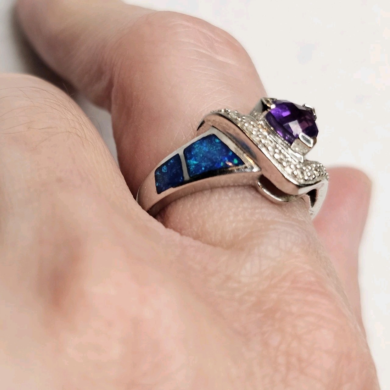 14K White Gold Amethyst Diamond Opal Inlay Ring Designer Style Estate Sz 6.25