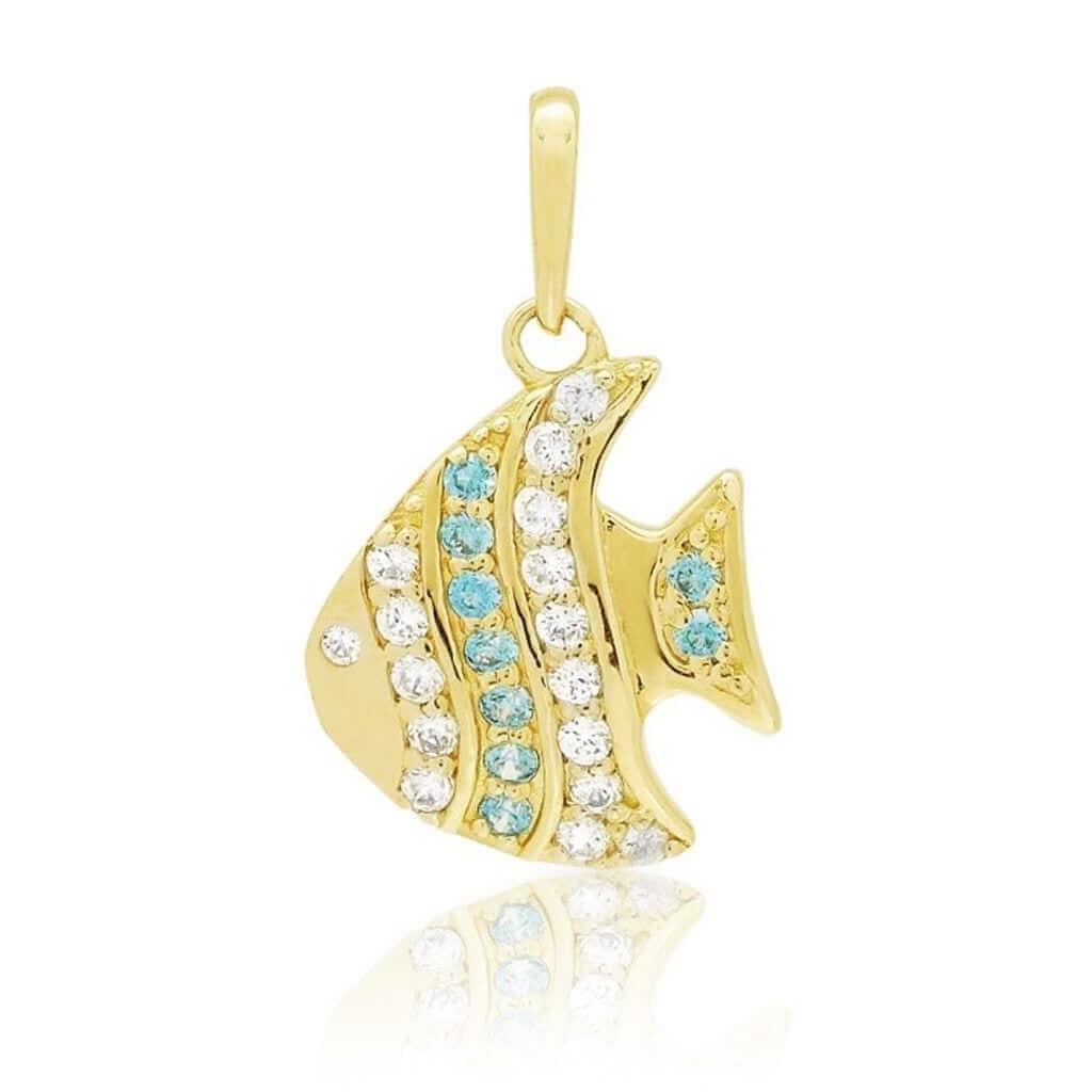 14K Yellow Gold White Gold 0.20Ct CZ & Aquamarine Fish Pendant