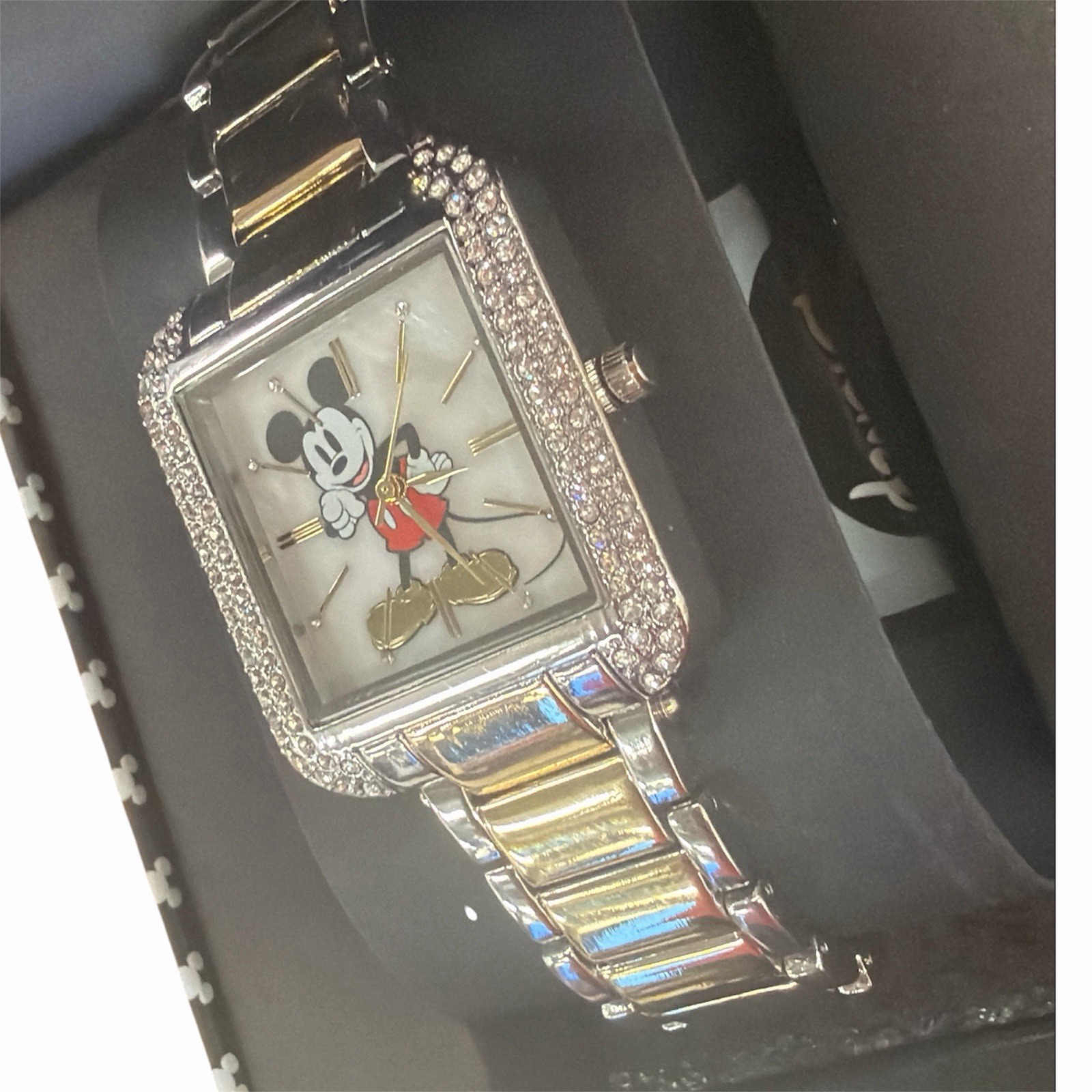 Disney Accutime Mickey Mouse Watch Two Tone Silver Gold Rhinestone Bezel Boxed