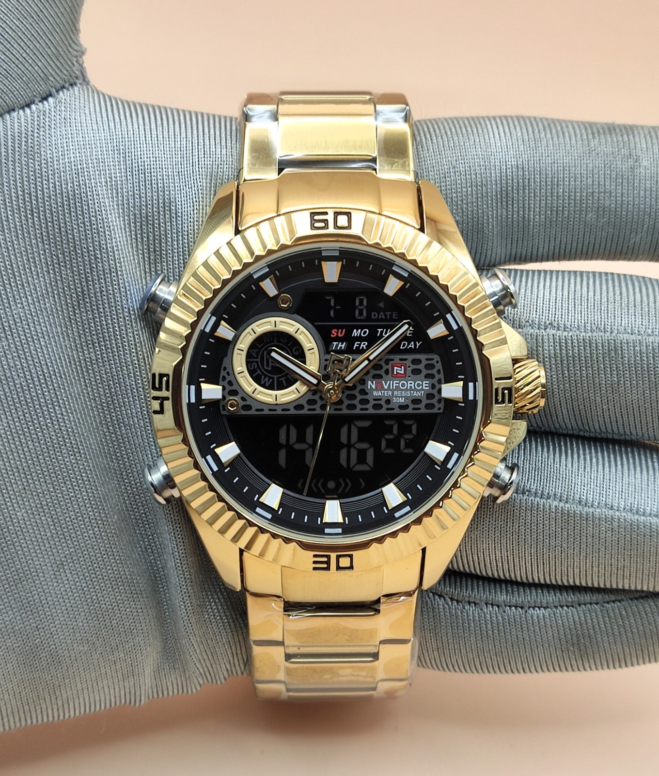 Amazing Naviforce Double Display Gold Plated Refurbished Men’s Wrist Watch