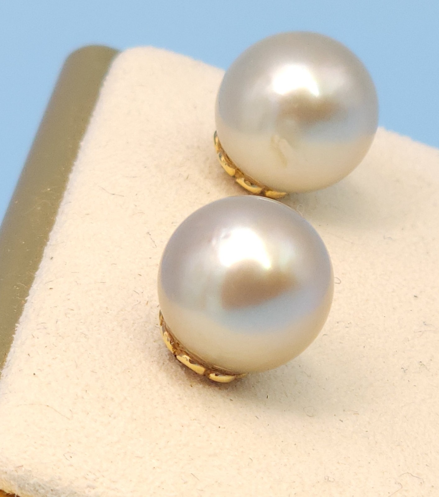 18K Yellow Gold South Sea Cultured Cream Champagne Pearl 12mm Stud Earrings 7g