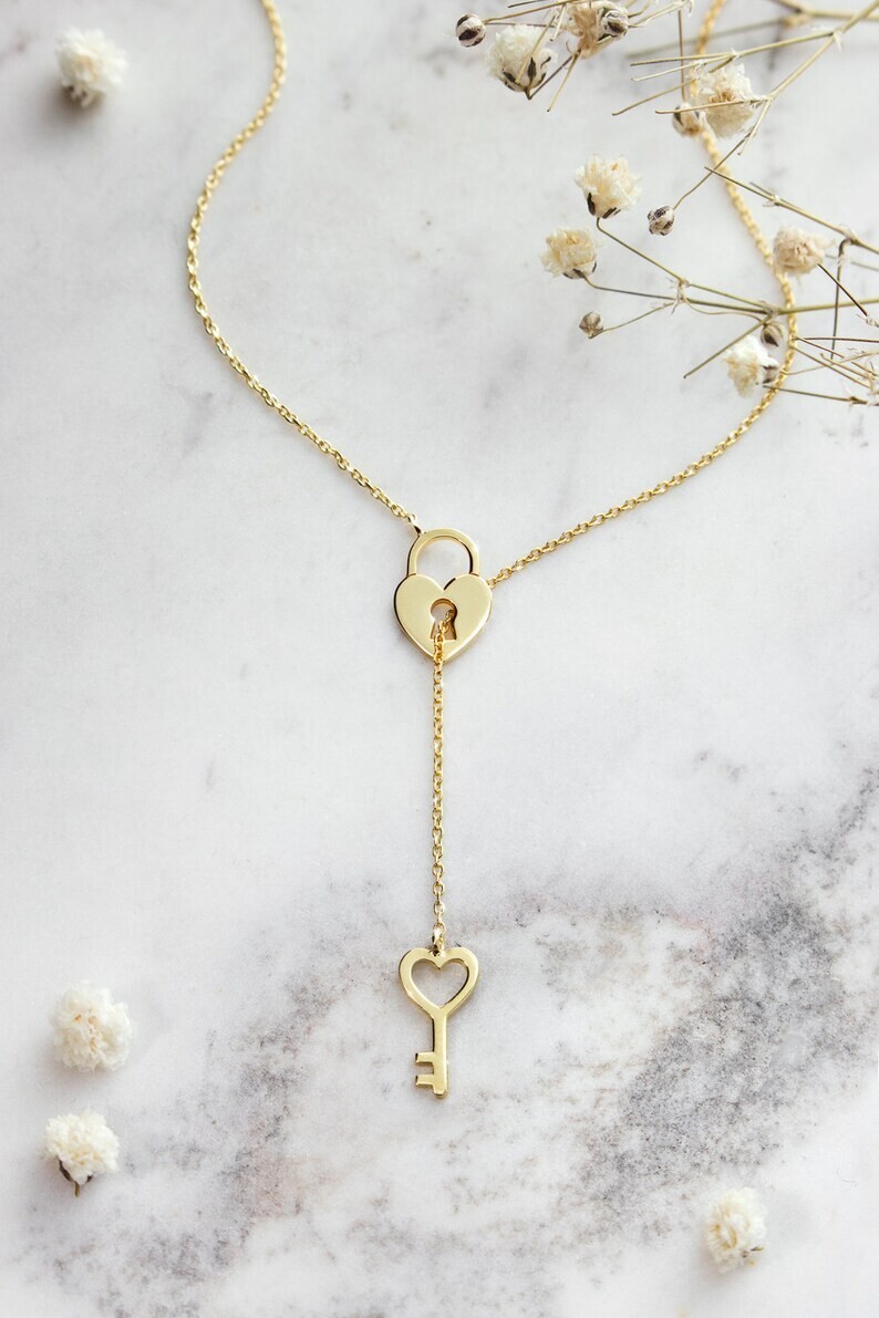 Gold Heart Lock and Key Charm Necklace