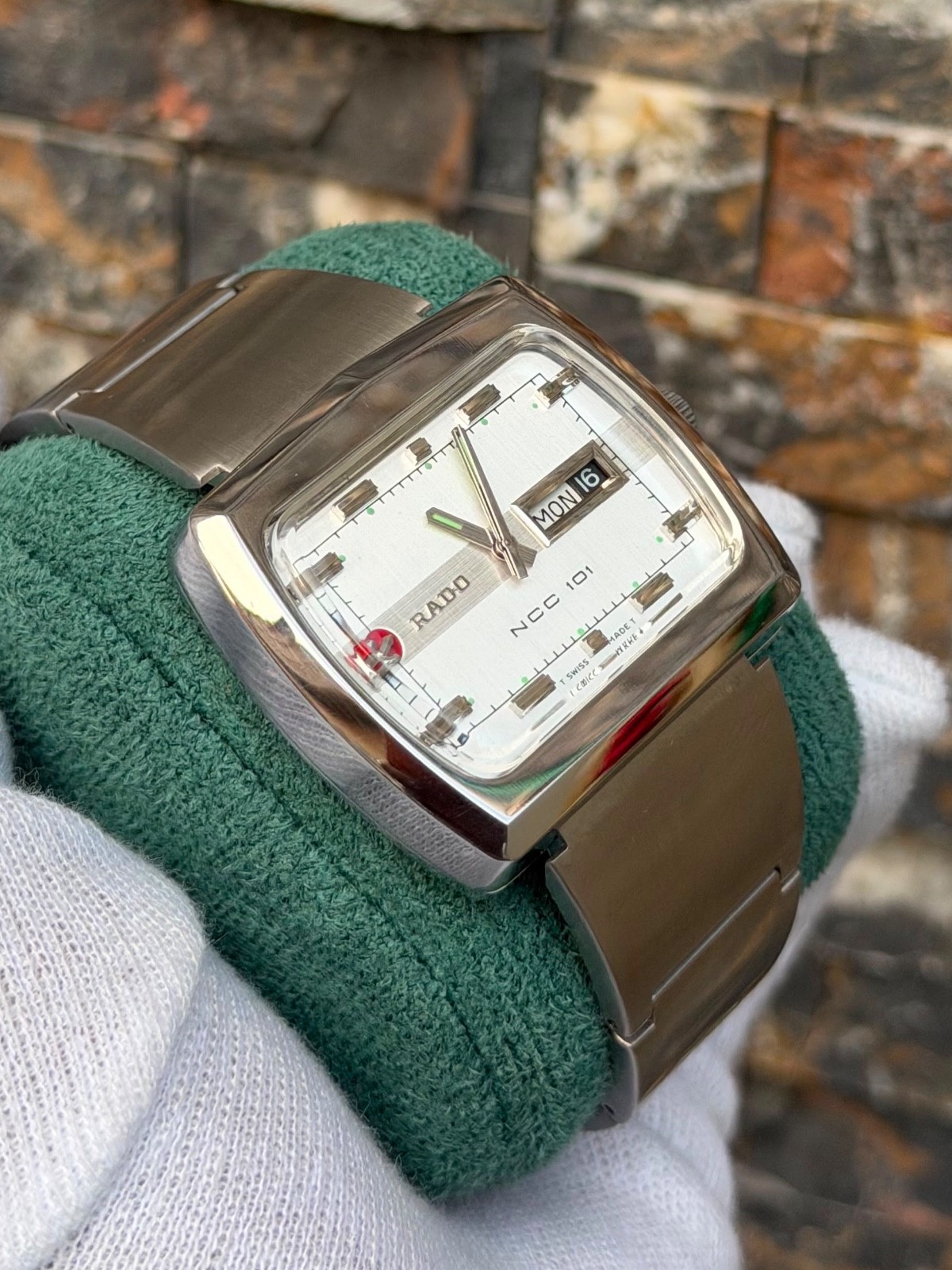 vintage Rado NCC 101 automatic watch featuring a silver TV-shaped case