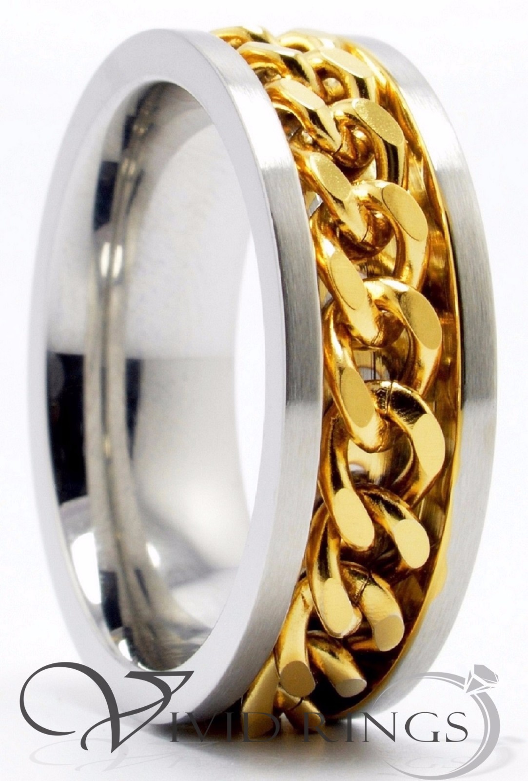 Men’s Stainless Steel Ring with Black/Silver/Gold color Chain inlay 8MM