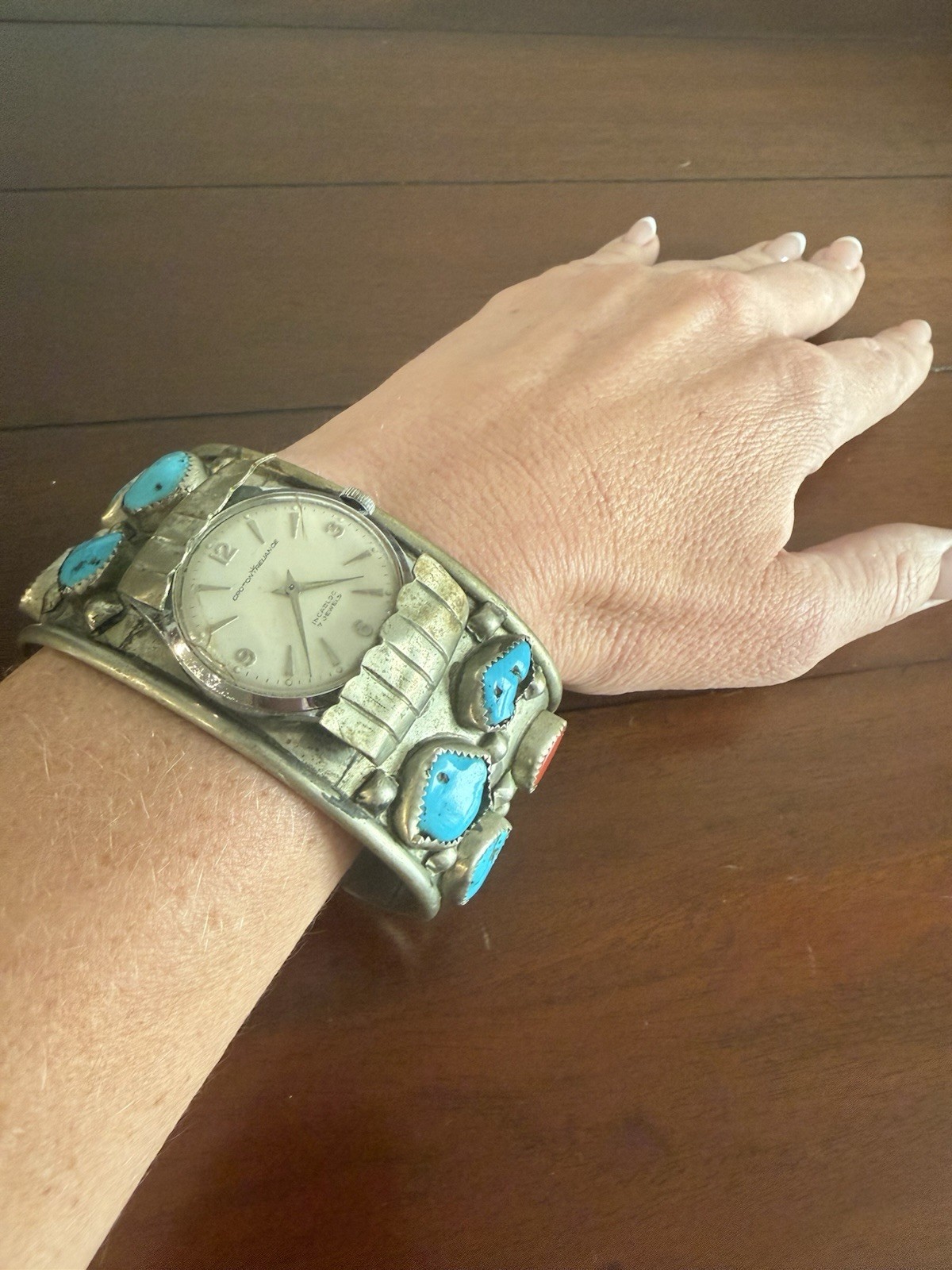 Vintage Navajo Men’s Sterling Silver Turquoise Coral Watch Cuff Croton Runs