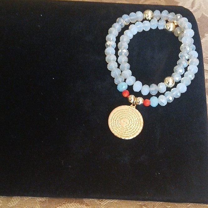 Blue Stone Beaded Double Strand Wrap Charm Bracelet, Gold Tone Round Coin