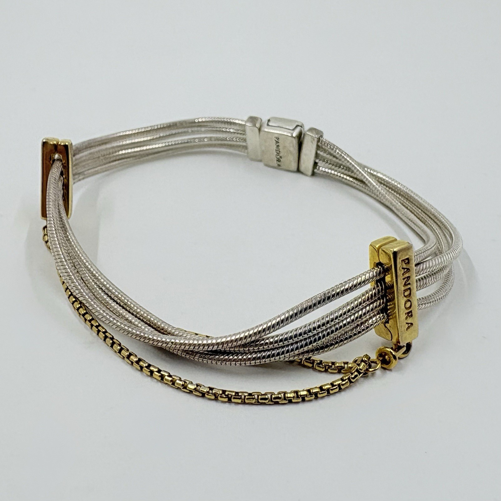 PANDORA 925 Sterling Silver & Gilded Multi-Strand Snake Chain Bracelet 6.5 Inch