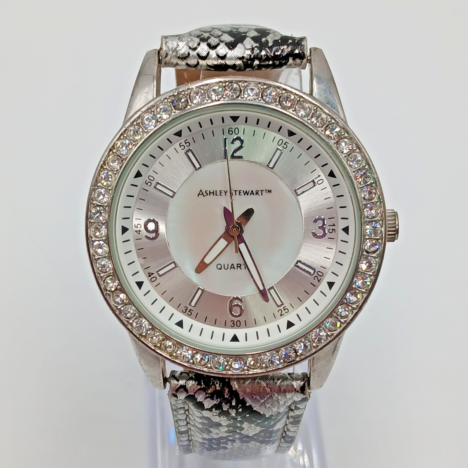 Ashley Stewart Watch Mother of Pearl Silver Tone Crystal Bezel Seconds Hand