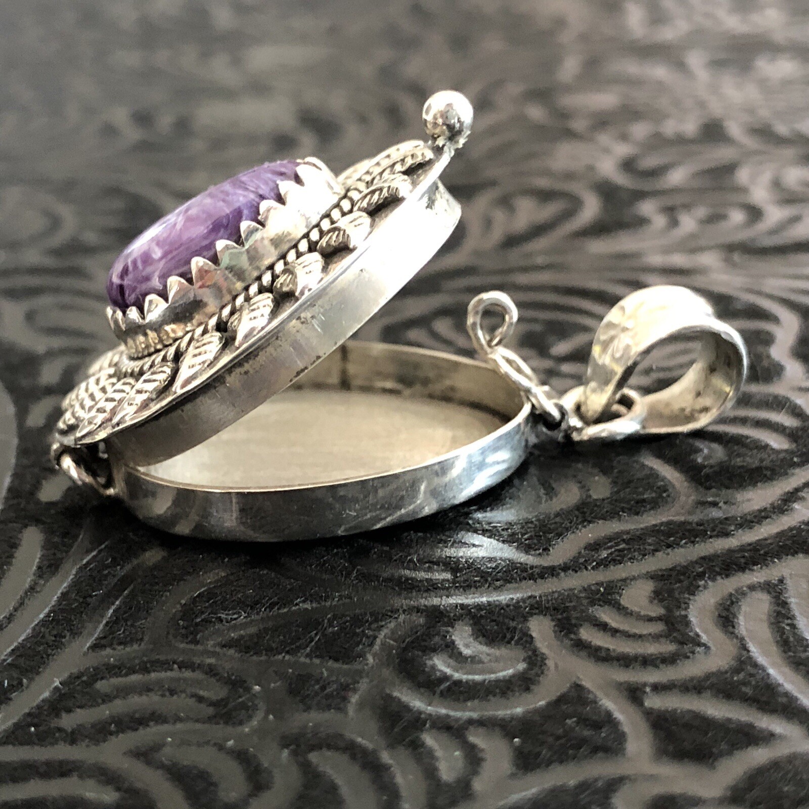 Sterling Silver Charoite Stone Feather Detail Poison Pendant Stamped 925