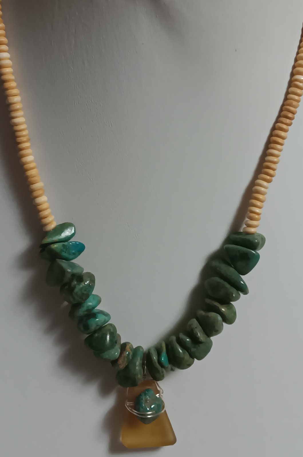 Vintage American, Turquoise Nuggets, And Wooden Bead Necklace with Seaglass 18″