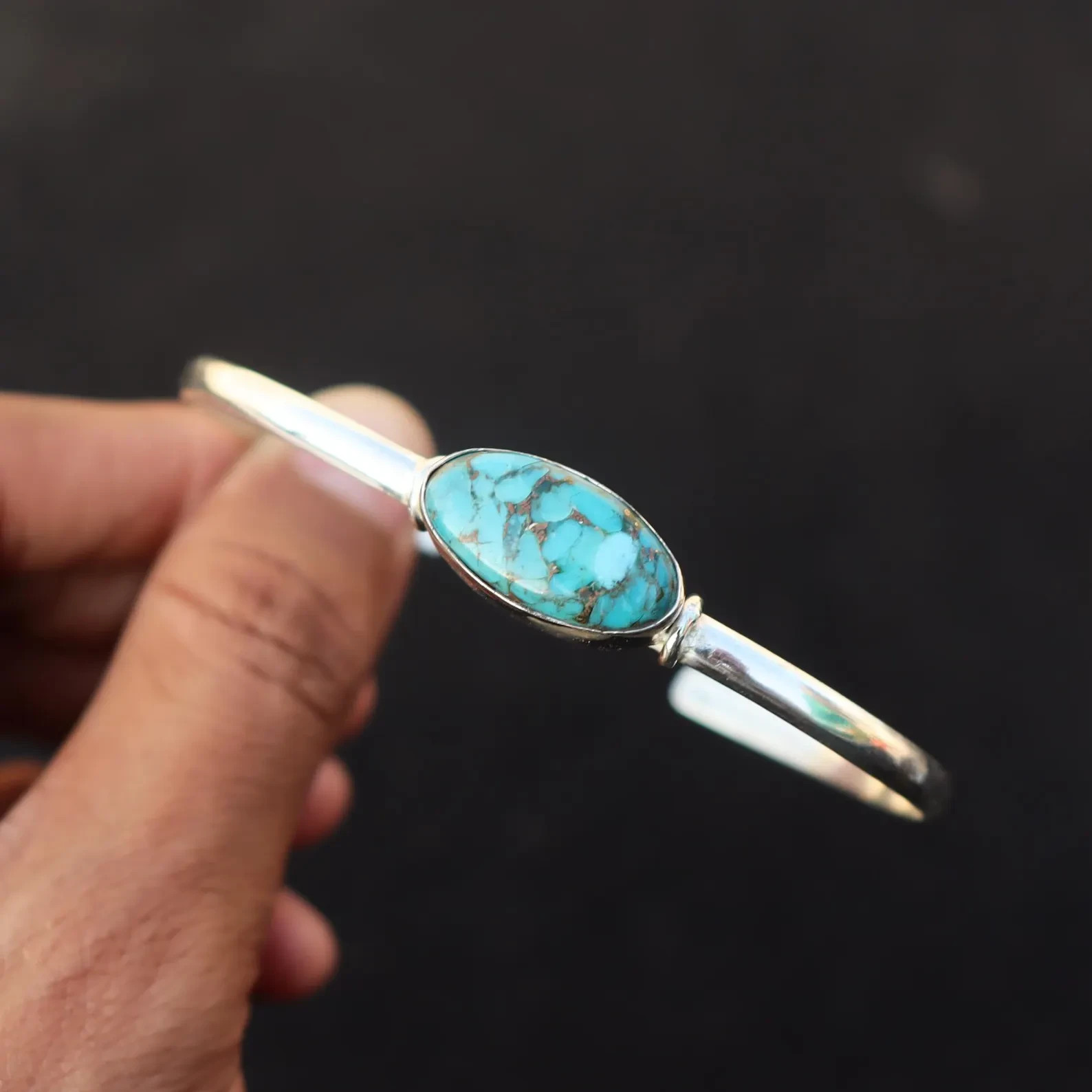Royal Blue Copper Turquoise Gemstone 925 Sterling Silver Handmade Bracelet -69