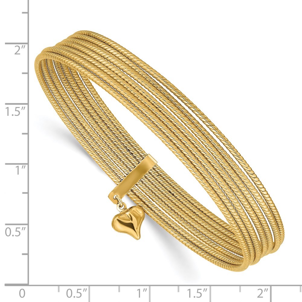 14K Yellow Gold Dangle Heart 7-Strand 11.00mm Slip-on Round Bangle Bracelet 8″