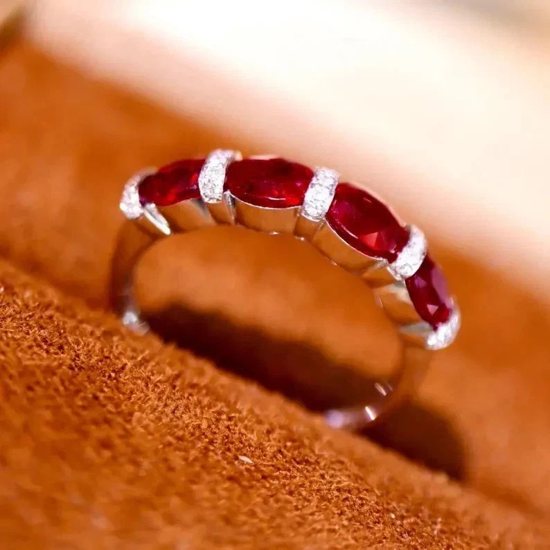 4.50Ct Oval Cut Natural Red Ruby &Diamond 14K White Gold Half Eternity Band Ring