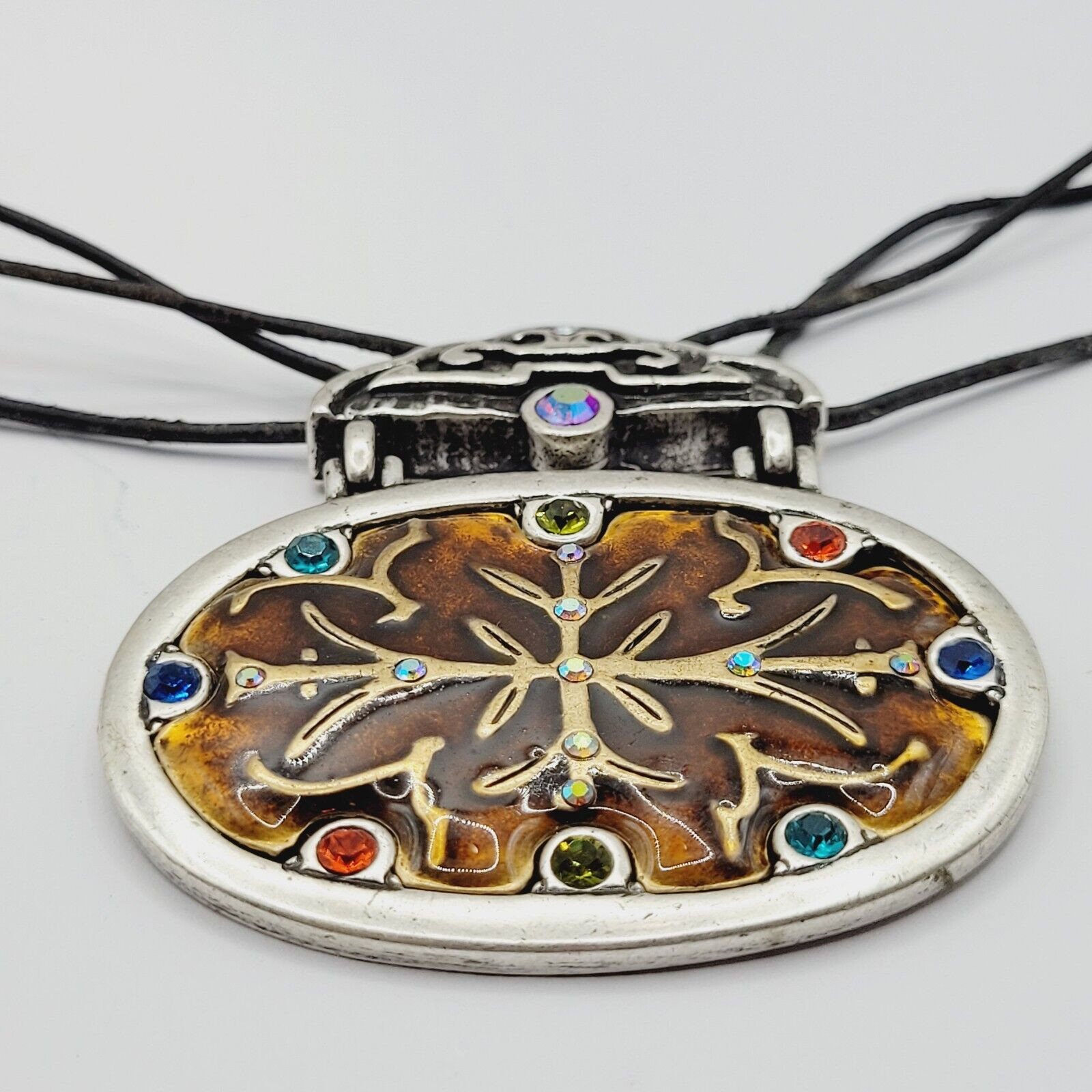 Chico’s Enamel and Rhinestone Pendant Necklace Triple Stand Cord Vintage Signed