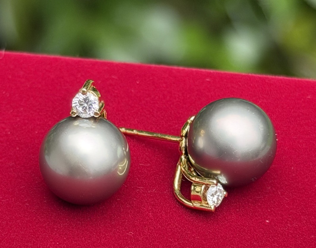 TARA T&S 18k Gold Tahitian South Sea Cultured Pearl Diamond Earrings 11-12mm